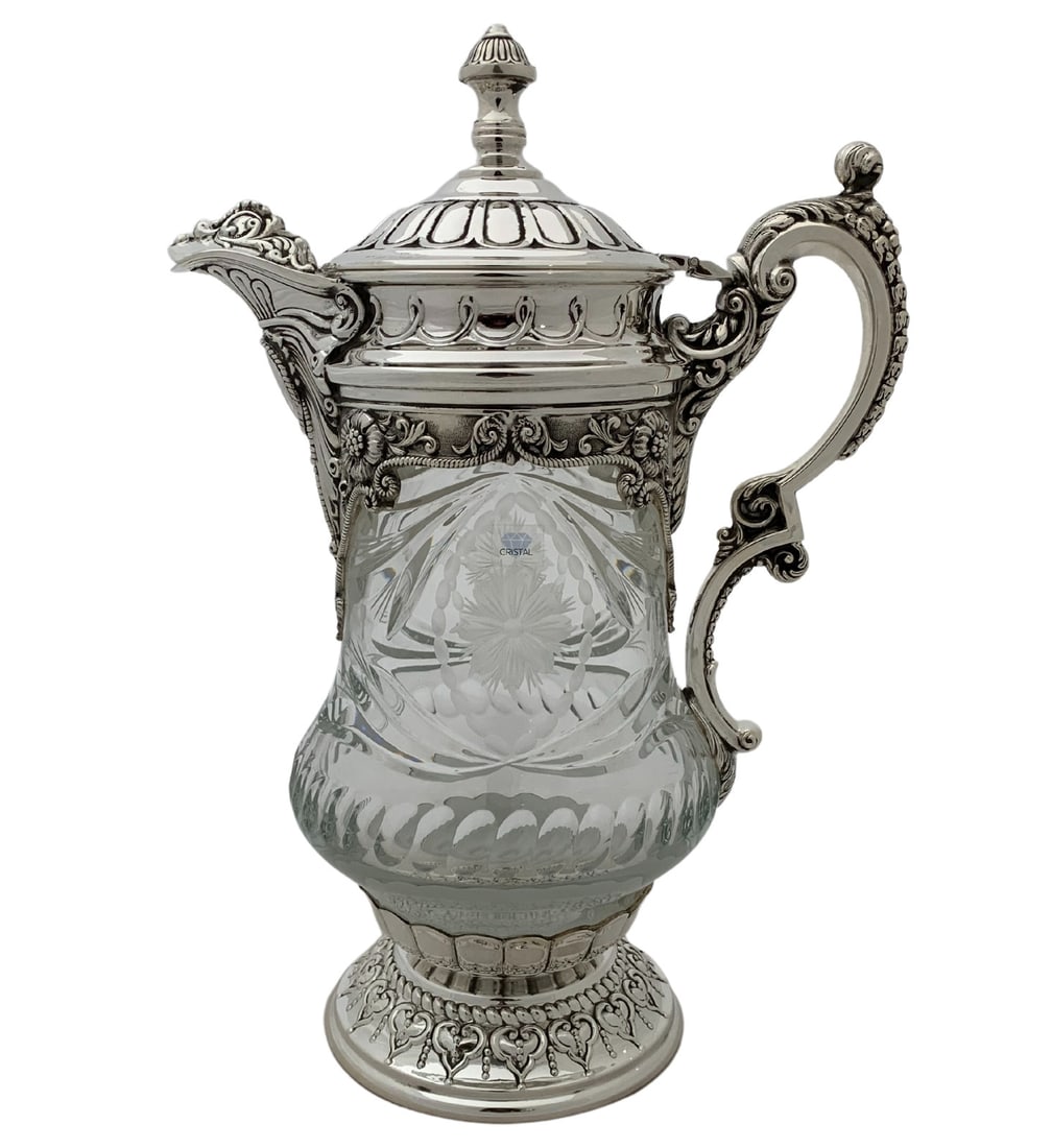 Portugal 13" Sterling Silver and Crystal Ornate Floral Pitcher by Topazio: Portugal 13" Sterling Silver and Crystal Ornate Floral Pitcher by Topazio This fine Topazio pitcher is crafted from 925 sterling silver and crystal, featuring handmade floral chased ornate designs. Ma