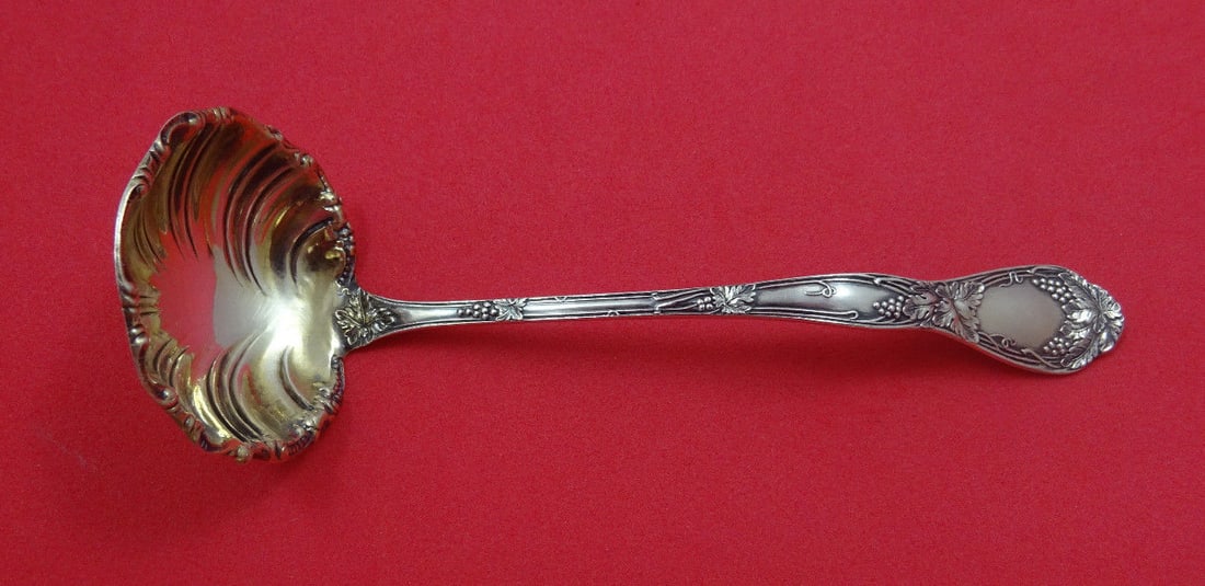 Dominick & Haff Grape Sterling Silver Sauce Ladle Gold Washed Fluted Bowl: Dominick & Haff Grape Sterling Silver Sauce Ladle Gold Washed Fluted Bowl This exquisite sauce ladle, crafted by Dominick & Haff, showcases the elegant Grape pattern, a classic design from the late 19