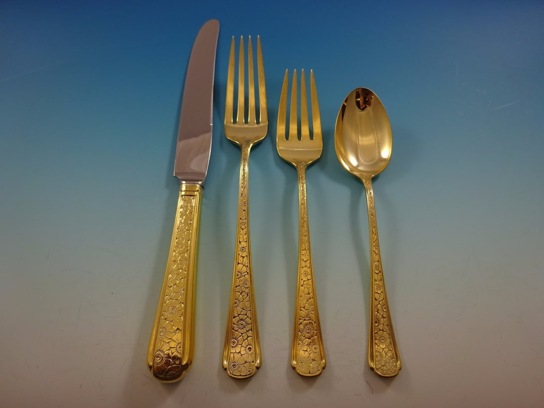 Towle Old Brocade Gold Vermeil Sterling Silver Flatware Set 24 Pieces: Towle Old Brocade Gold Vermeil Sterling Silver Flatware Set 24 Pieces This exquisite Old Brocade Gold flatware set by Towle is a stunning addition to any dining experience. Crafted from high-quality s