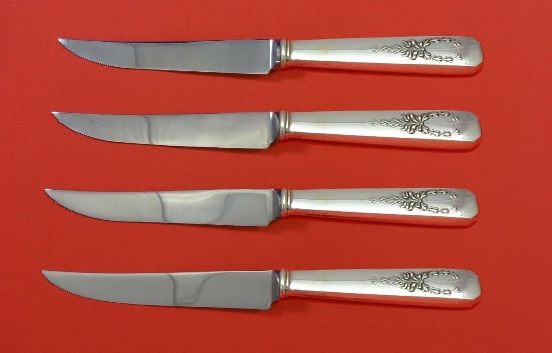 Madam Jumel Whiting Sterling Silver Steak Knife Set 4pc Custom 8.5": Madam Jumel Whiting Sterling Silver Steak Knife Set 4pc Custom 8.5" Introducing the exquisite Madam Jumel by Whiting Sterling Silver Steak Knife Set, featuring four beautifully crafted pieces. Each kn