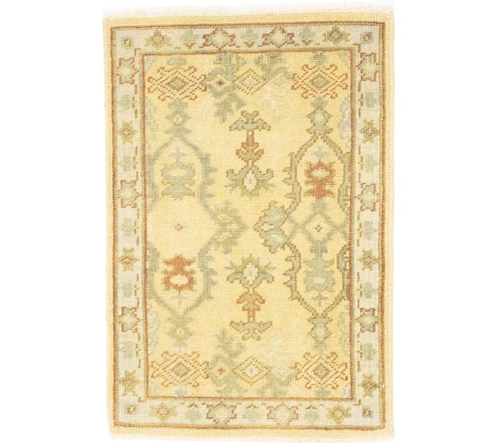 Pastel Floral Wool Rug 2x3 Hand-Knotted Modern Area Carpet: Pastel Floral Wool Rug 2x3 Hand-Knotted Modern Area Carpet This hand-knotted Oriental rug features a pastel yellow floral design with muted tones of rust, cream, brown, and light olive. Crafted from w