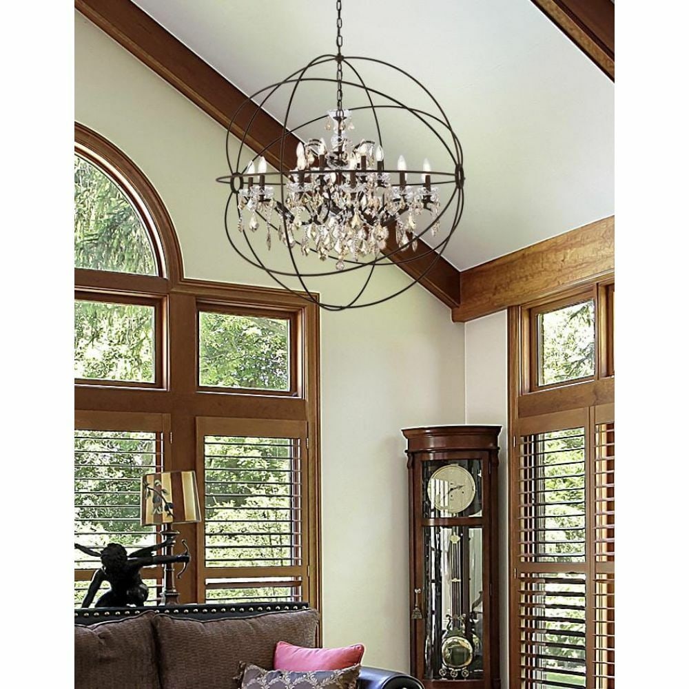 Geneva 18-Light Rustic Iron Chandelier with Golden Teak Crystals 46 Inch: Geneva 18-Light Rustic Iron Chandelier with Golden Teak Crystals 46 Inch This large modern chandelier features 18 lights and a striking orb globe design. It is crafted with a rustic iron metal frame a