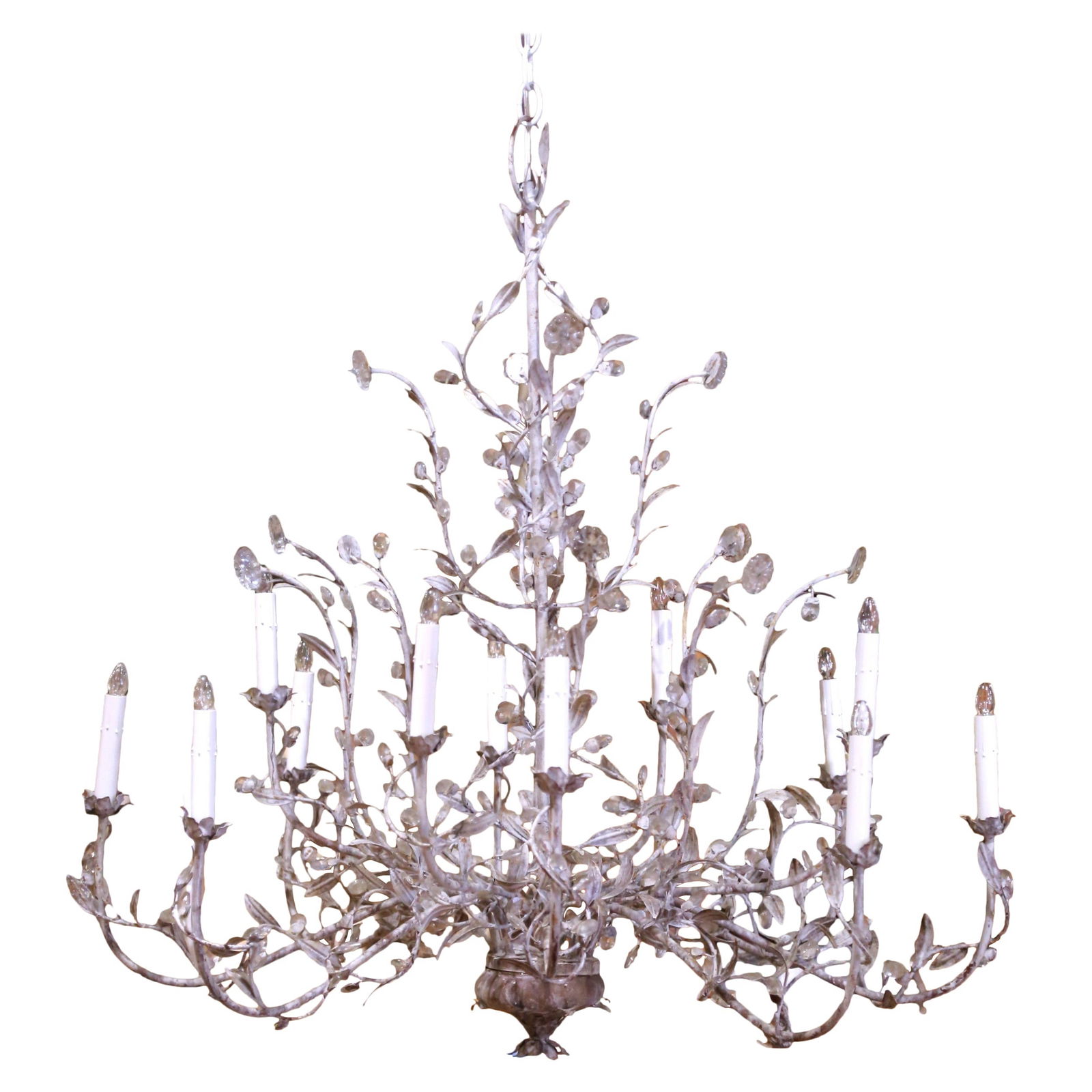 Italian Midcentury Crystal Floral Chandelier Twelve-Light Handcrafted Metal Design: Italian Midcentury Crystal Floral Chandelier Twelve-Light Handcrafted Metal Design This mid-century Italian twelve-light chandelier, crafted circa 1950, features hand-forged metal branches adorned wit