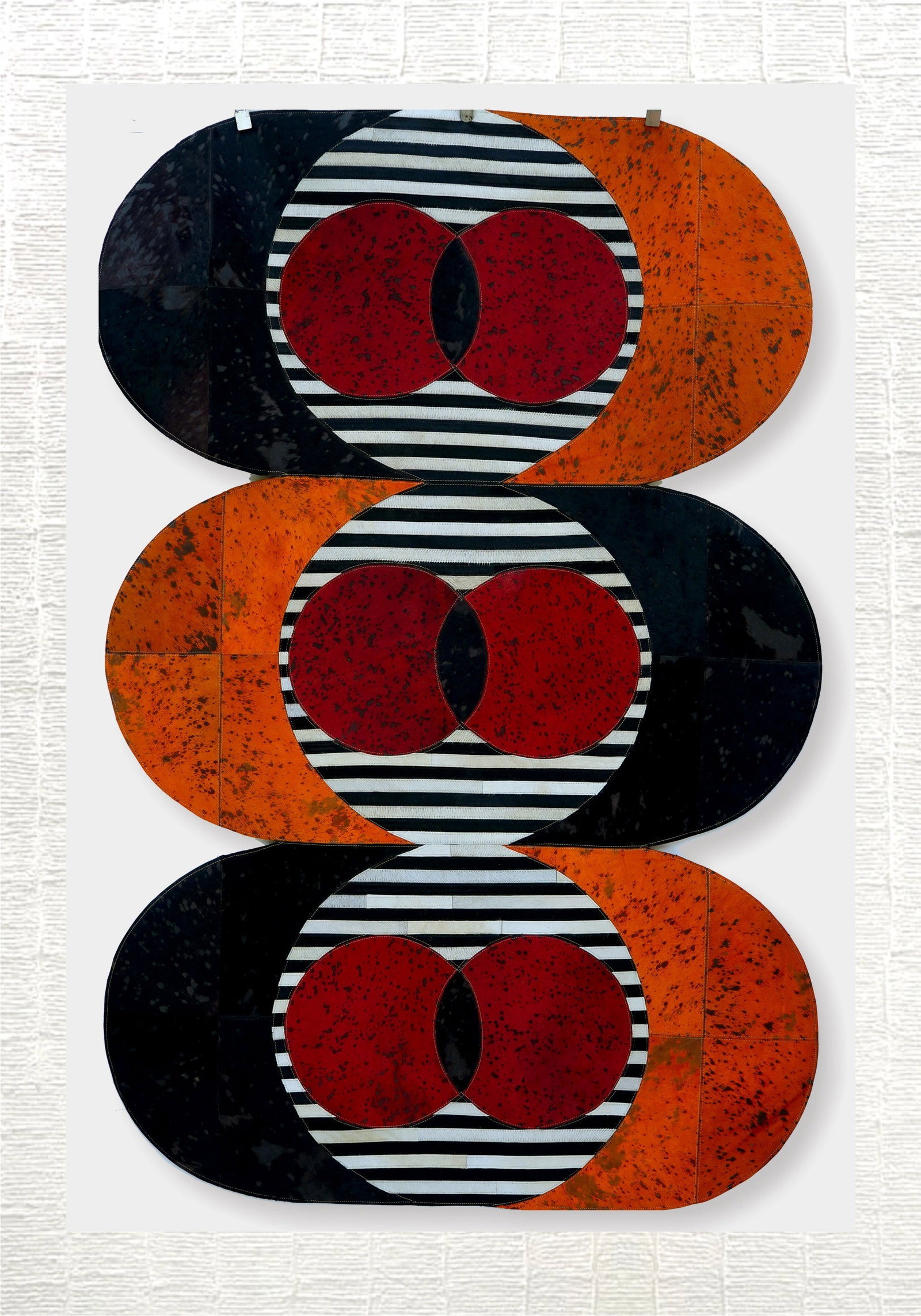 Artisanal Abstract Geometric Patchwork Cowhide Leather Area Rug 3FT x 5FT: Artisanal Abstract Geometric Patchwork Cowhide Leather Area Rug 3FT x 5FT Free continental US Shipping This artisanal area rug features an abstract geometric patchwork design crafted from 100% hair-on