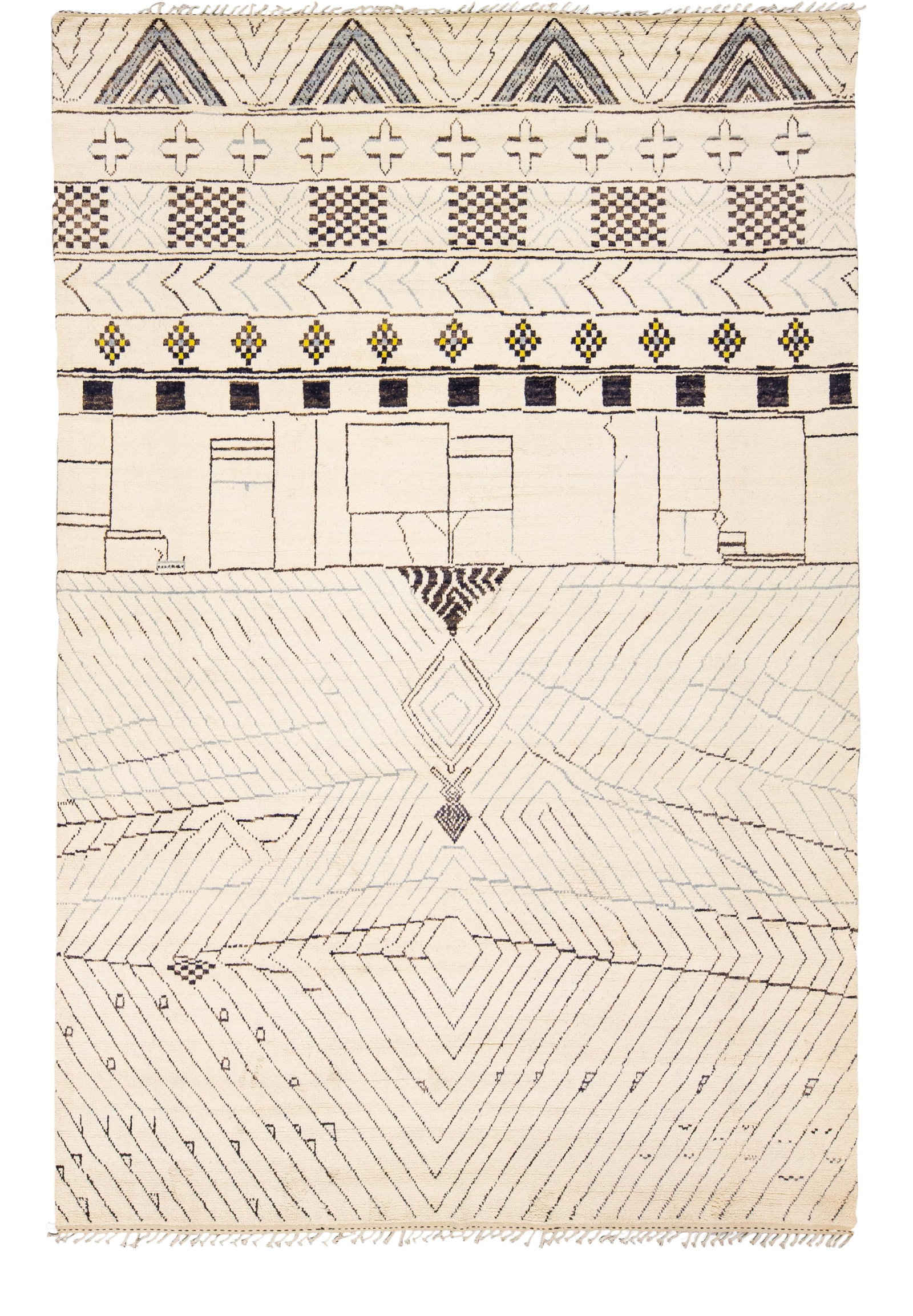 Handmade Geometric Boho Wool Rug Beige Gray 12'2 x 18'3: Handmade Geometric Boho Wool Rug Beige Gray 12'2 x 18'3 Enhance your living space with this exquisite handmade Moroccan style wool rug. Featuring a chic beige field with striking gray accents, this mo