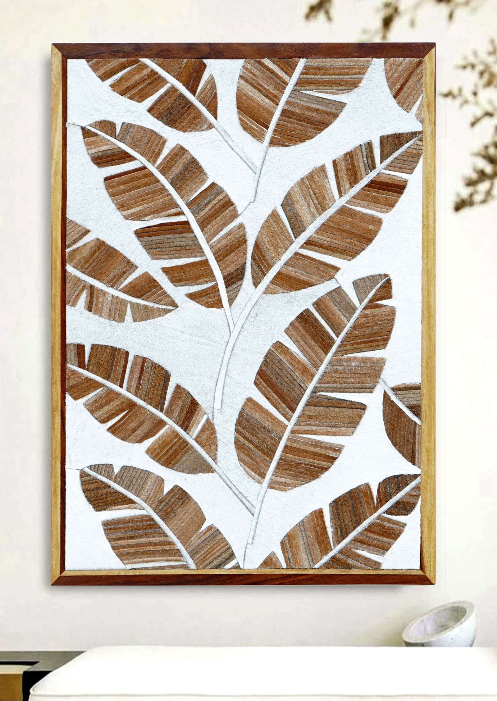 Handcrafted Cowhide Banana Leaf Mosaic Wall Art Modern Botanical Design 12x12: Handcrafted Cowhide Banana Leaf Mosaic Wall Art Modern Botanical Design 12x12 Free continental US Shipping This handcrafted wall art features a modern abstract interpretation of layered banana leaves,