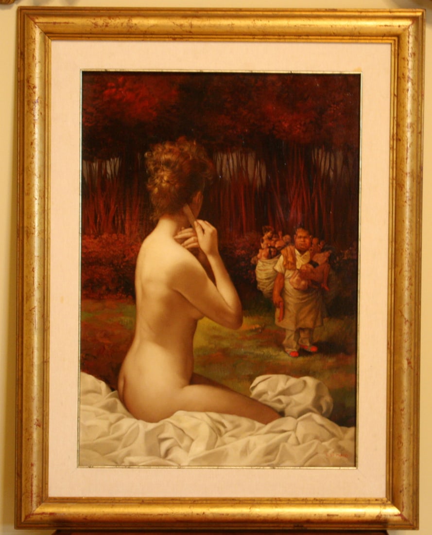 Bruno Dimaio 1980 Framed Oil Painting The Doll Seller Folk Art: Bruno Dimaio 1980 Framed Oil Painting The Doll Seller Folk Art This exquisite oil on canvas painting titled "The Doll Seller" is an original work by renowned Italian artist Bruno Dimaio, completed in