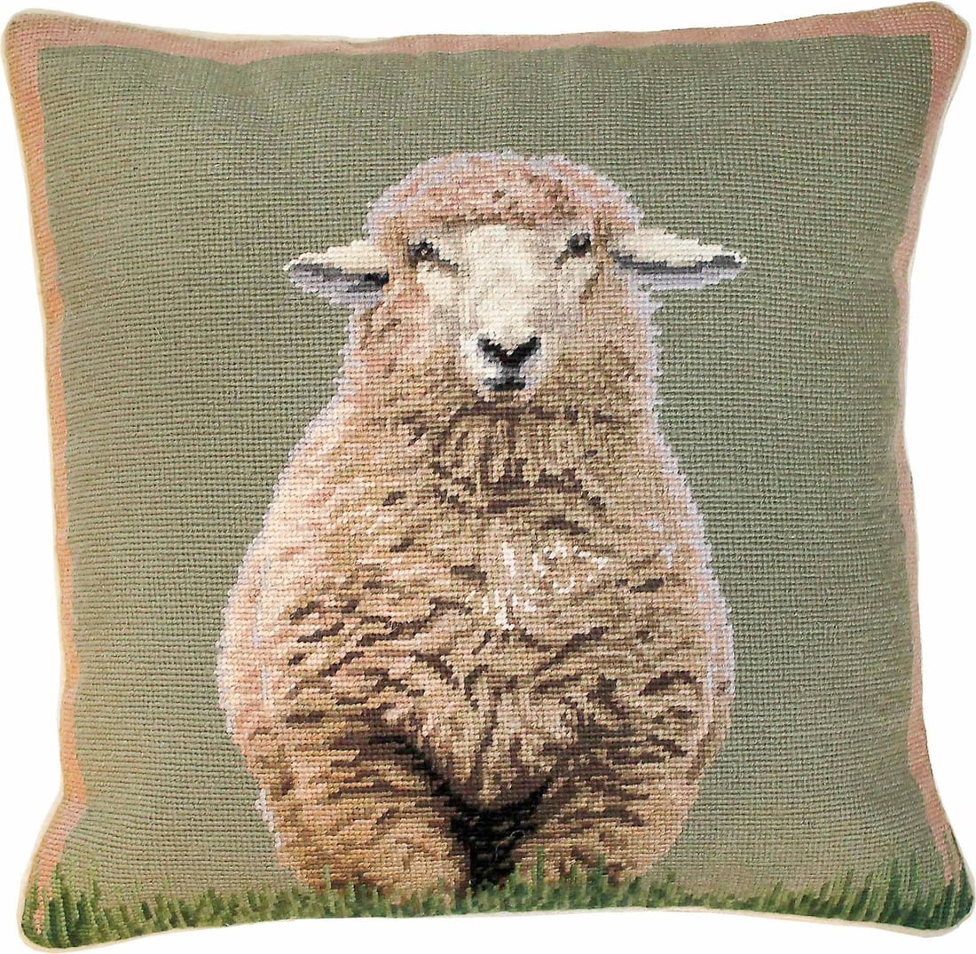Farmhouse 18x18 Standing Sheep Cushion 100% Wool Velvet Back: Farmhouse 18x18 Standing Sheep Cushion 100% Wool Velvet Back Enhance your home decor with this charming farmhouse-style cushion featuring a delightful standing sheep design. Crafted with a blend of 10