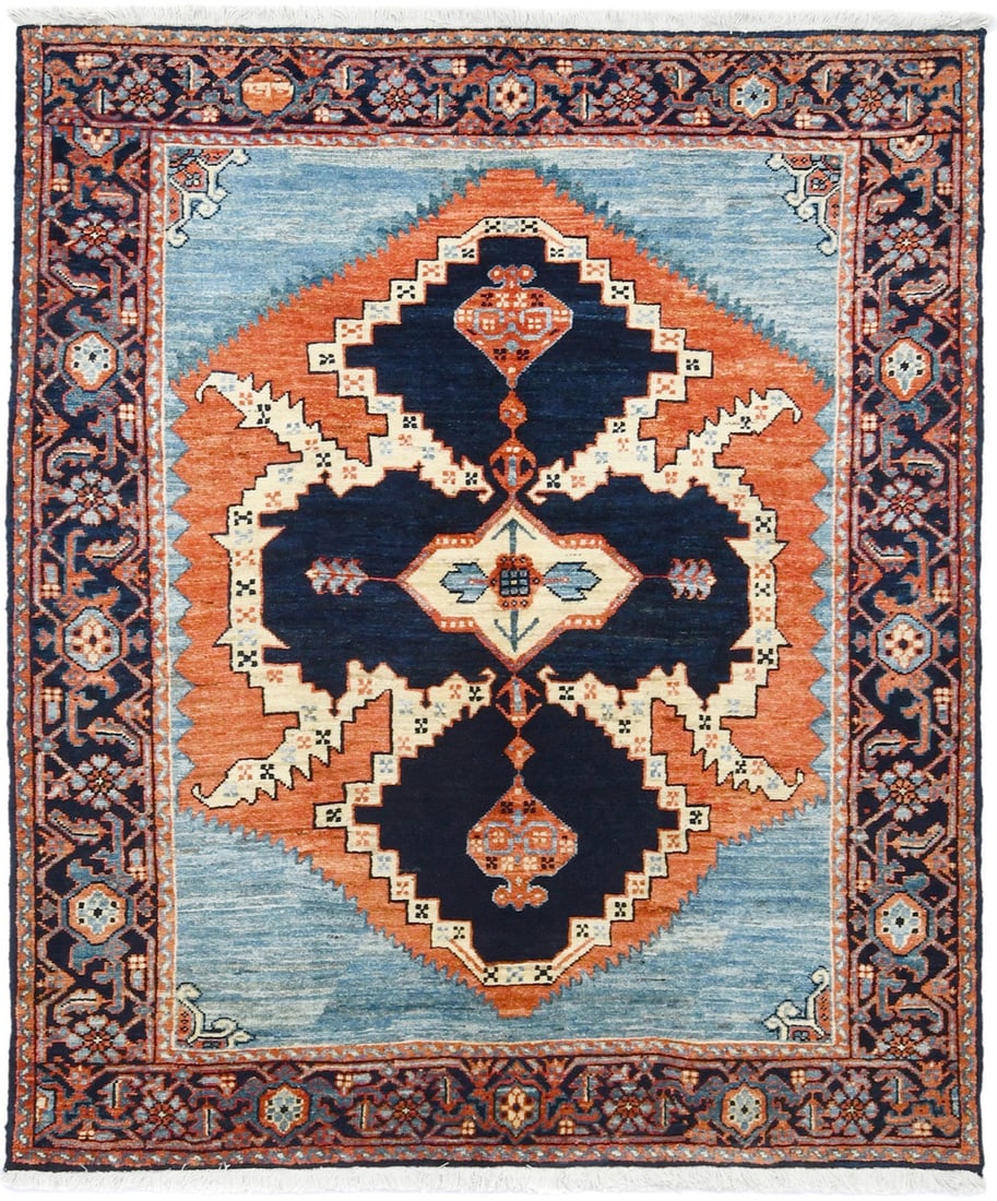Hand-Knotted Vintage Viss Wool Rug Geometric Pattern 5'3 x 6'1: Hand-Knotted Vintage Viss Wool Rug Geometric Pattern 5'3 x 6'1 This one-of-a-kind hand-knotted Viss Oriental rug features a geometric pattern in dark navy blue, cream, and pale rusty red tones. Crafte