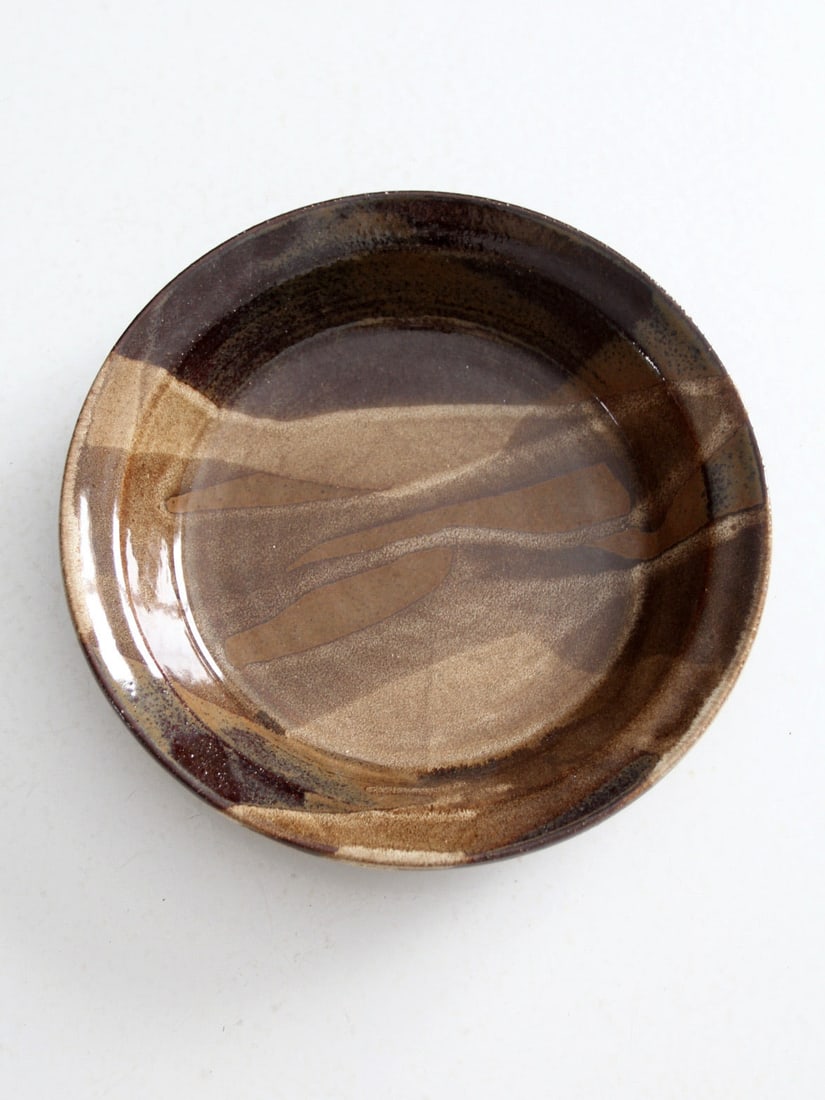 Signed Vintage Studio Pottery 9.75 Tri-Tone Brown Pie Plate (1 of 9)