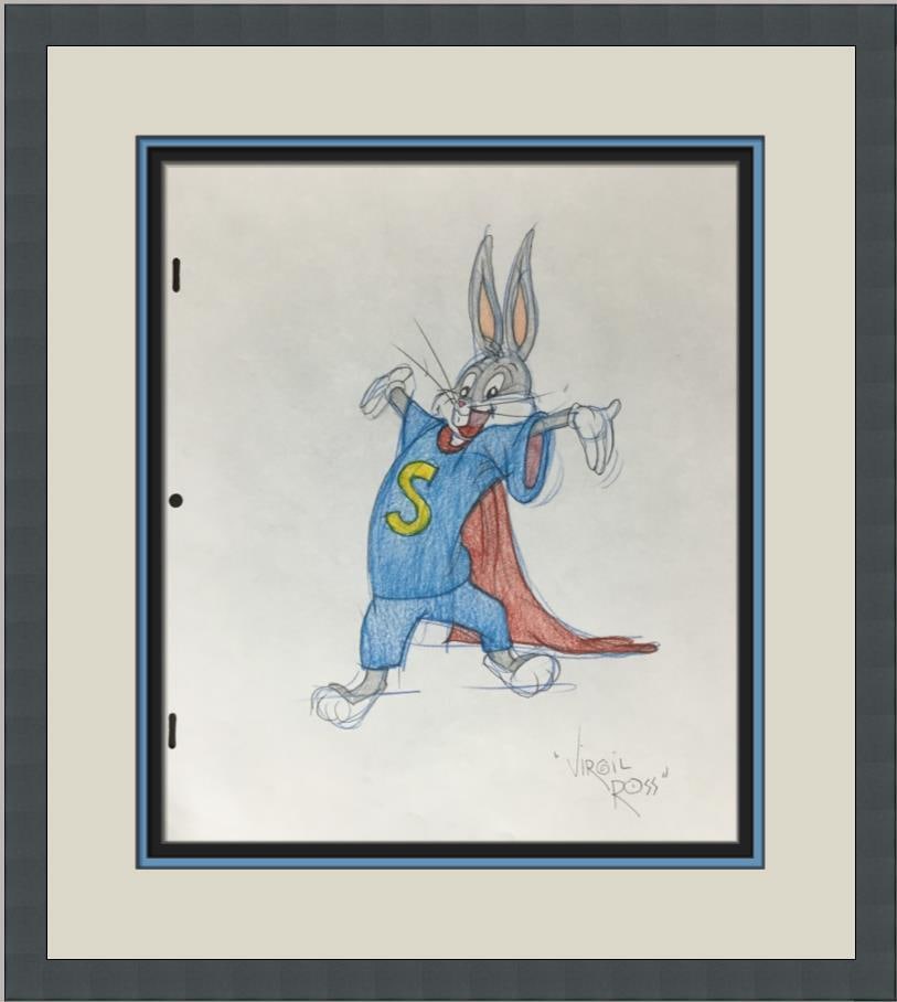 Bugs Bunny Super Rabbit Signed Model Sheet by Virgil Ross Framed: Bugs Bunny Super Rabbit Signed Model Sheet by Virgil Ross Framed This original signed model sheet drawing features Bugs Bunny as Super Rabbit, expertly illustrated by renowned animator Virgil Ross. Re