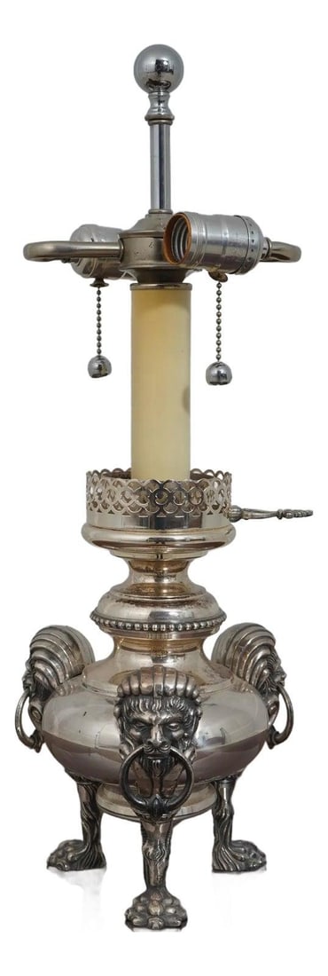 Italian Style Silver Plate Lion Head Lamp 21.5 Inches Tall: Italian Style Silver Plate Lion Head Lamp 21.5 Inches Tall This exquisite Italian-style lamp features a stunning silver plate finish and showcases intricate lion head motifs, complete with detailed fa