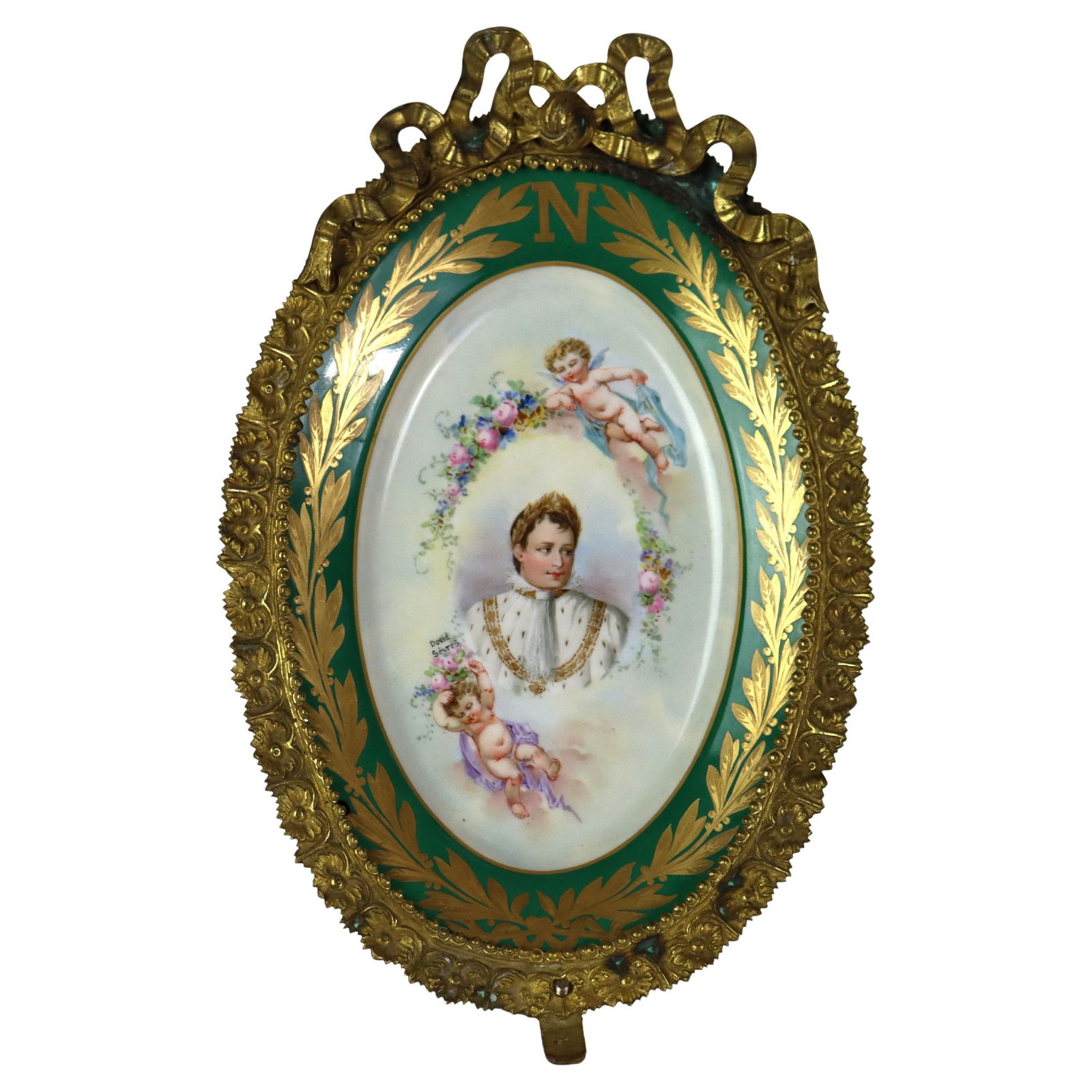 Antique Sevres Porcelain Bronze Wall Plaque Napoleon C1804: Antique Sevres Porcelain Bronze Wall Plaque Napoleon C1804 This rare antique oval wall plaque showcases a finely detailed porcelain depiction of Napoleon Bonaparte's first coronation, surrounded by ch