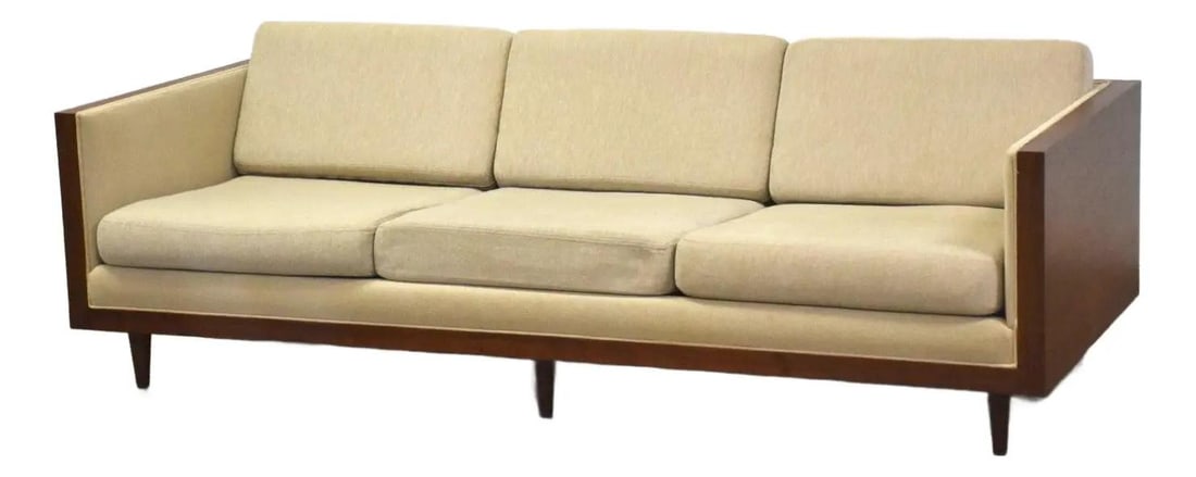 1960s Mid-Century Modern Walnut Beige Sofa Tapered Legs (1 of 9)