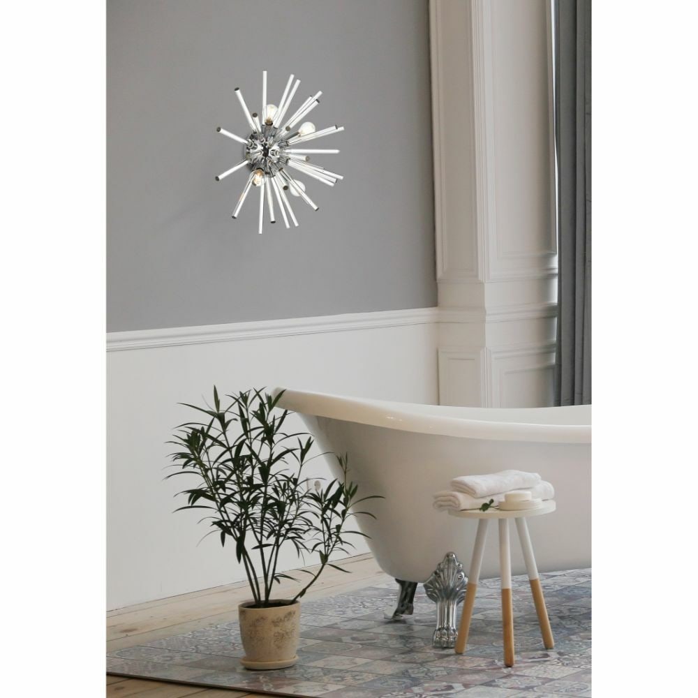 Sienna Collection 4-Light Chrome Wall Sconce with Clear Glass Rods 18 Inch: Sienna Collection 4-Light Chrome Wall Sconce with Clear Glass Rods 18 Inch This modern wall sconce features a chrome-plated frame with clear glass rods arranged in a star-shaped, sputnik-inspired desi