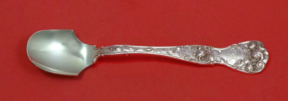 Shiebler American Beauty Sterling Silver Cheese Scoop 5 3/4 Inch: Shiebler American Beauty Sterling Silver Cheese Scoop 5 3/4 Inch This exquisite cheese scoop is crafted from sterling silver and features the elegant American Beauty pattern by Shiebler. Measuring 5 3