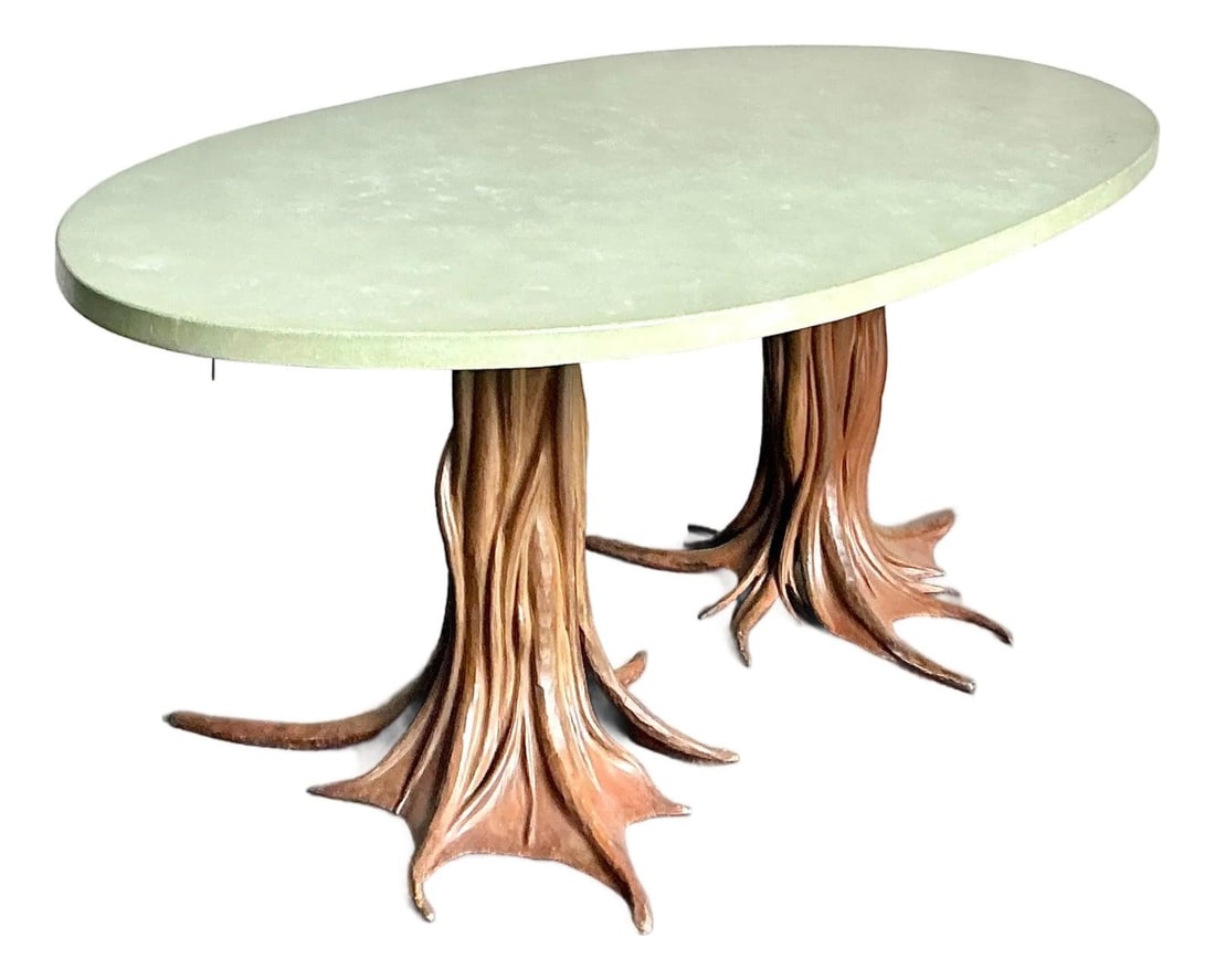 Cast Bronze Faux Bois Oval Dining Table Signed by R Kelly: Cast Bronze Faux Bois Oval Dining Table Signed by R Kelly This vintage Boho dining table is signed by R. Kelly and features a unique cast bronze faux bois design. The table showcases a robust, light g