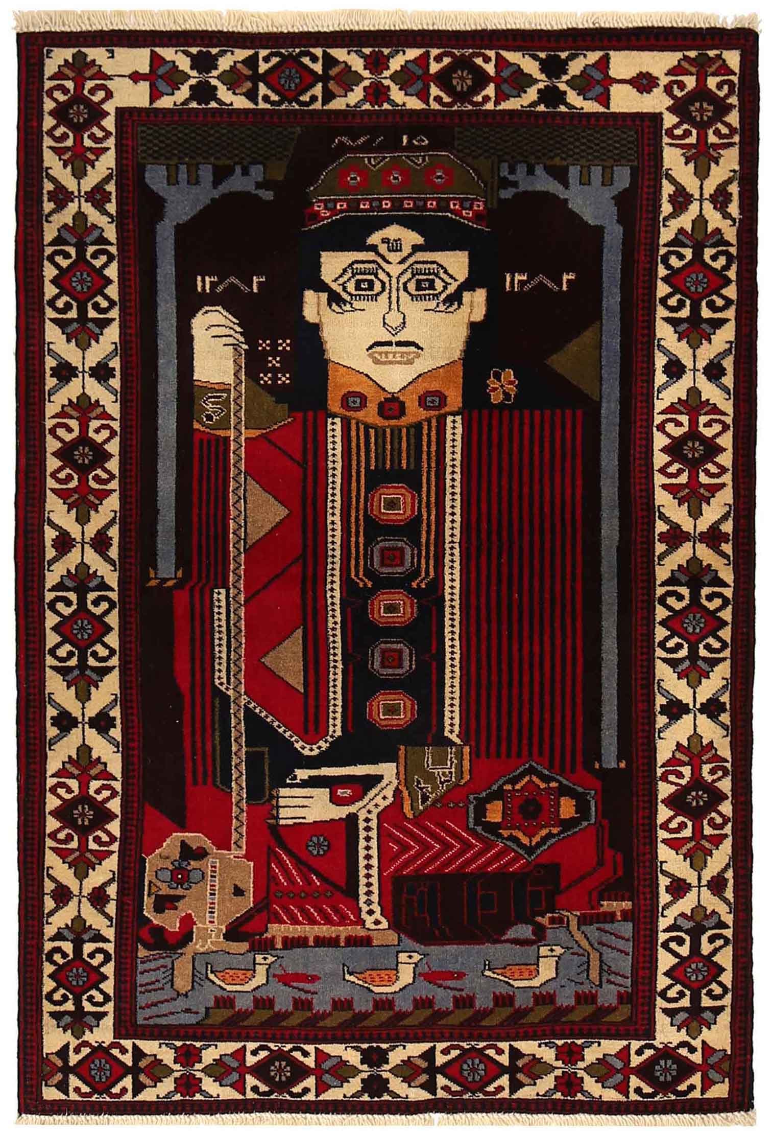 3.3 x 4.9 Hand-Knotted Afghan Pictorial Wool Area Rug: 3.3 x 4.9 Hand-Knotted Afghan Pictorial Wool Area Rug Free continental US Shipping Introducing a captivating 3.3 x 4.9 Pictorial Area Rug, a stunning centerpiece that brings vibrant imagery and storyt