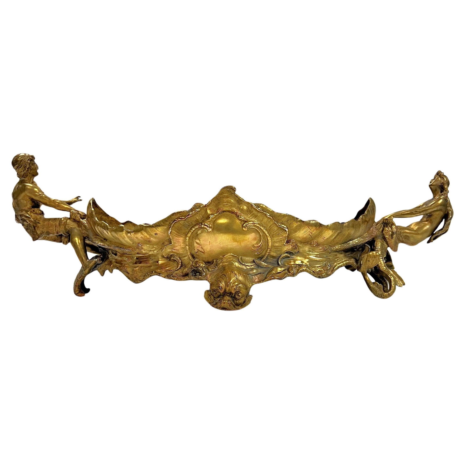 Art Nouveau Gilt Metal French Centerpiece with Figural Boy and Girl: Art Nouveau Gilt Metal French Centerpiece with Figural Boy and Girl This antique French Art Nouveau centerpiece bowl, dating to the late 19th century, features a finely cast gilt metal design with det