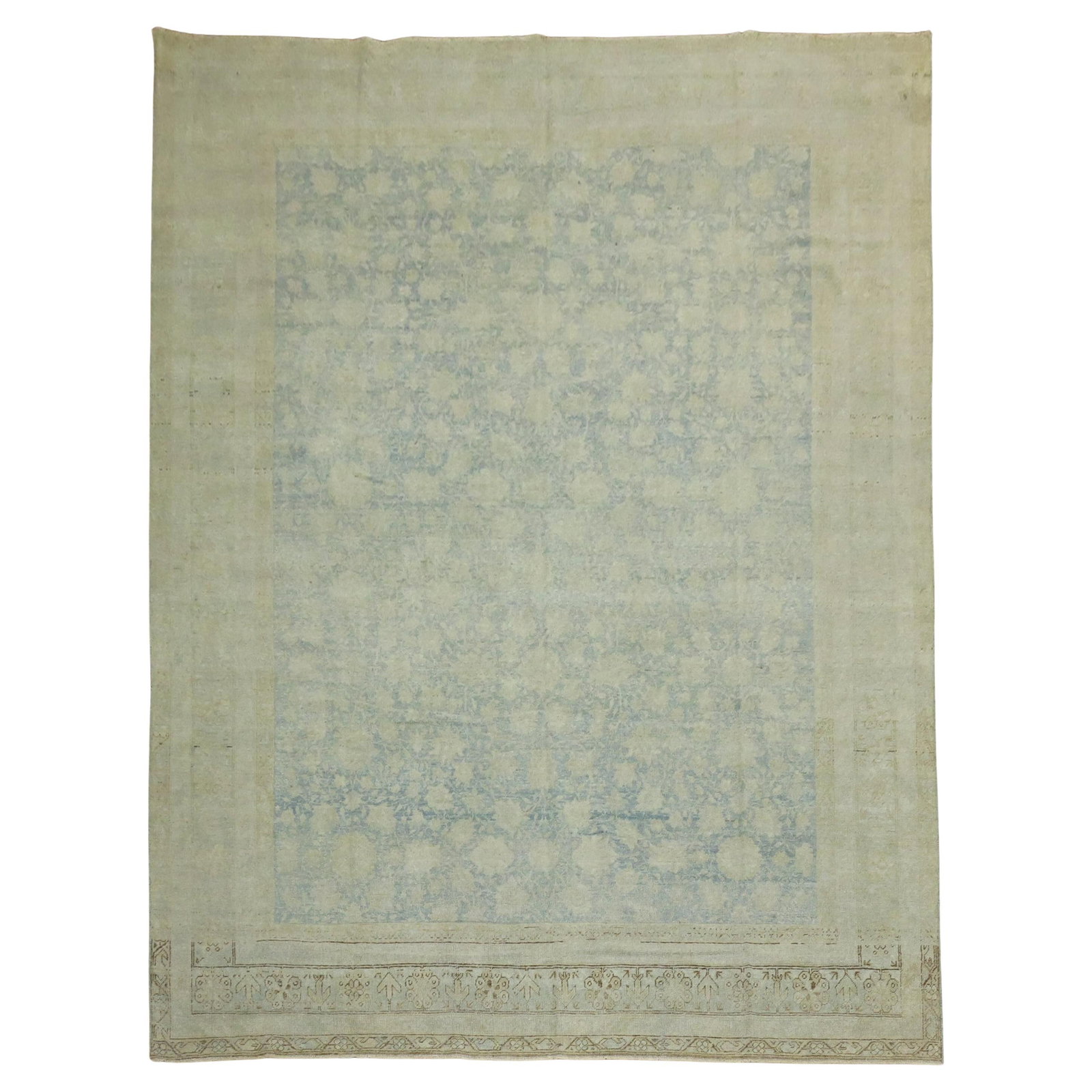 Zabihi Collection Light Blue Tabriz Hand-Knotted Rug 9' x 12'4" East Turkestan: Zabihi Collection Light Blue Tabriz Hand-Knotted Rug 9' x 12'4" East Turkestan This exquisite vintage East Turkestan rug from the Zabihi Collection features a stunning light blue all-over design that