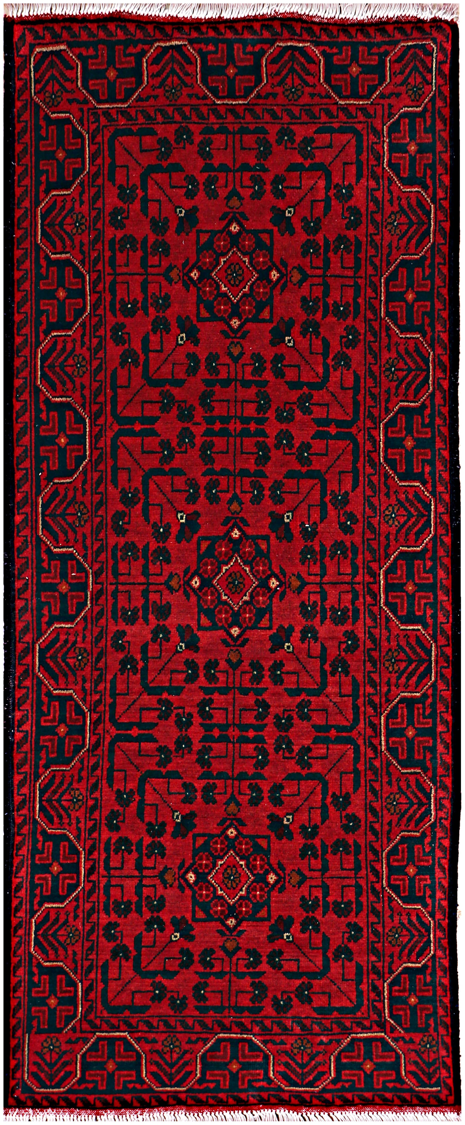 3' x 6' Dark Red Afghan Khal Mohammadi Hand-Knotted Runner Rug: 3' x 6' Dark Red Afghan Khal Mohammadi Hand-Knotted Runner Rug Free continental US Shipping Enhance your space with this stunning 3' x 6' Dark Red Afghan Khal Mohammadi Runner Rug. Hand-knotted by Afg