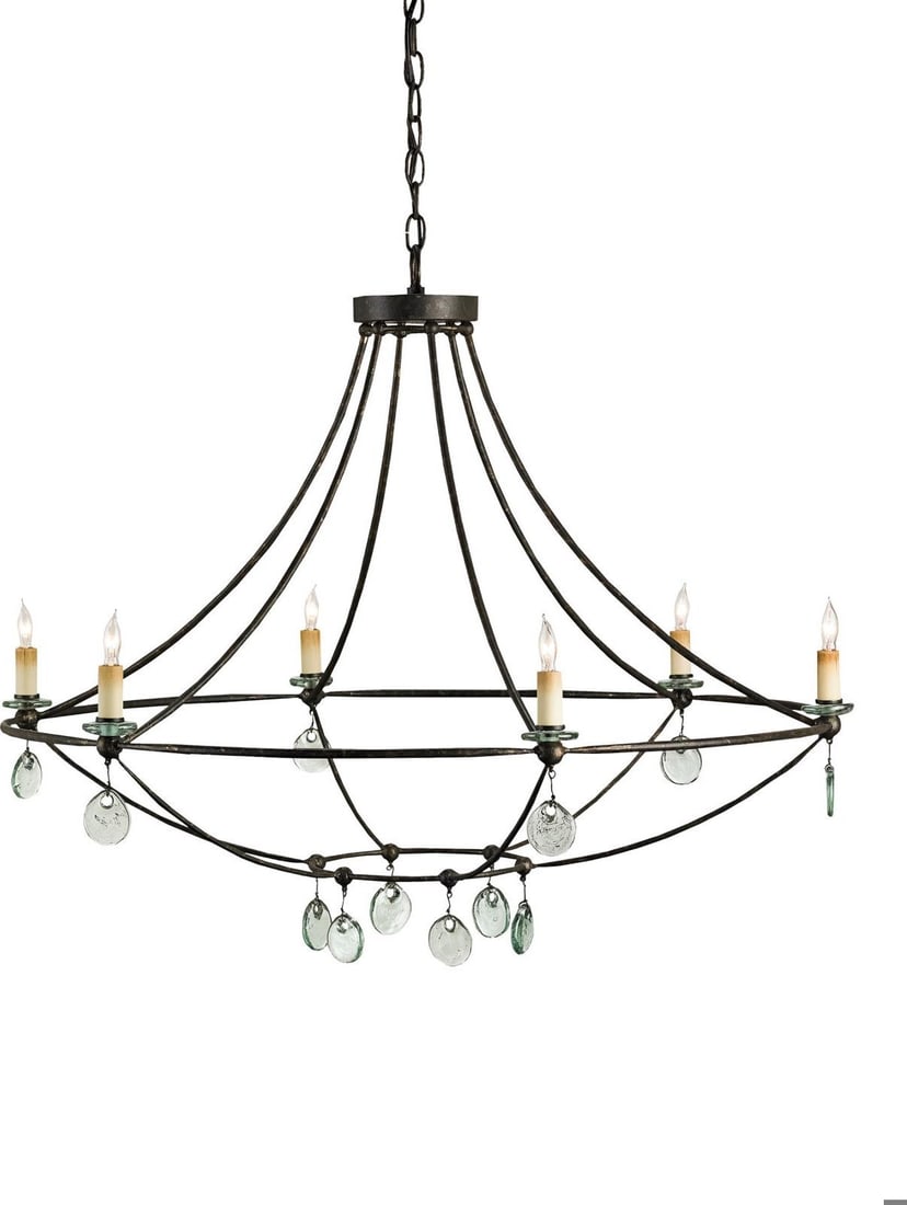 Currey Novella Bowl Chandelier Recycled Glass Rustic Style 6 Bulb: Currey Novella Bowl Chandelier Recycled Glass Rustic Style 6 Bulb Illuminate your space with the Elegant Novella Chandelier, a stunning bowl chandelier crafted from recycled glass and wrought iron. Th