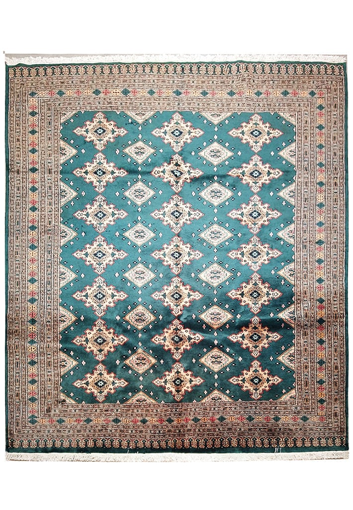 7' x 7' Hand-Knotted Green Jaldar Bokara Rug from Pakistan: 7' x 7' Hand-Knotted Green Jaldar Bokara Rug from Pakistan Free continental US Shipping Introducing the 7' x 7' Square Green Jaldar Bokara Rug, a stunning hand-knotted piece that brings elegance and t