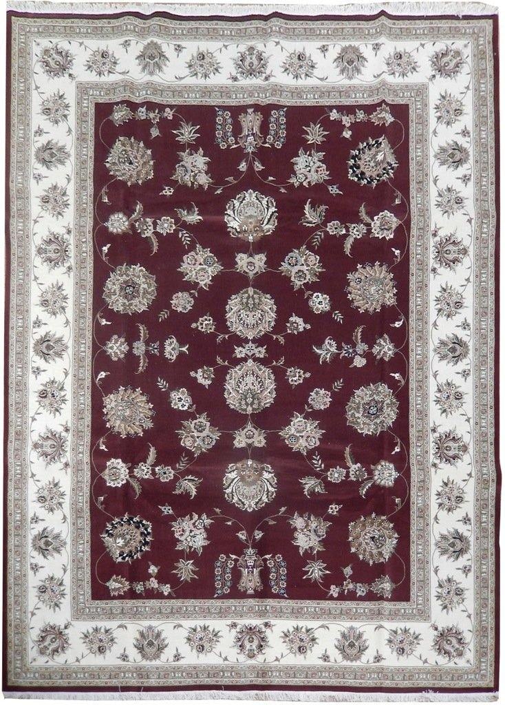 Handmade 8.6 x 11.6 Wool Silk Sino Tabriz Rug in Burgundy Ivory Green: Handmade 8.6 x 11.6 Wool Silk Sino Tabriz Rug in Burgundy Ivory Green Free continental US Shipping Elevate your home decor with this stunning 8.6 x 11.6 Wool & Silk Sino Tabriz Rug, a perfect blend of