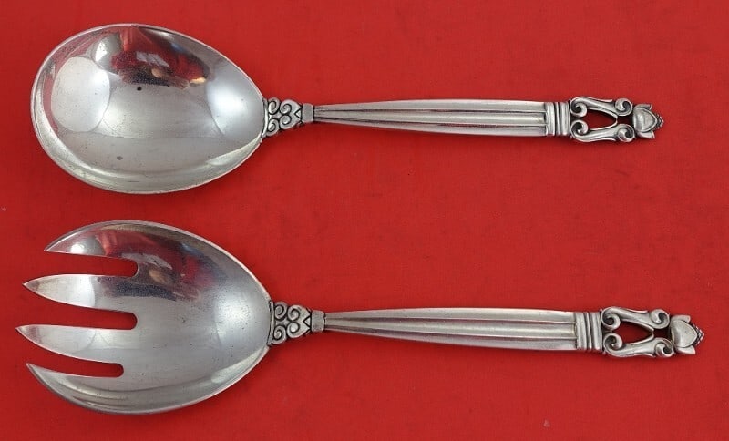 Georg Jensen Acorn Sterling Silver Salad Serving Set 2pc 8in: Georg Jensen Acorn Sterling Silver Salad Serving Set 2pc 8in This exquisite 2-piece salad serving set, crafted in the iconic Acorn pattern by Georg Jensen, showcases timeless elegance and functionalit