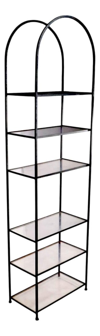 Vintage Mid Century Wrought Iron Etagere Shelf with Plexiglass 1950s: Vintage Mid Century Wrought Iron Etagere Shelf with Plexiglass 1950s This classic Mid Century wrought iron etagere shelf unit, dating back to the 1950s, features a striking arched top and six shelves
