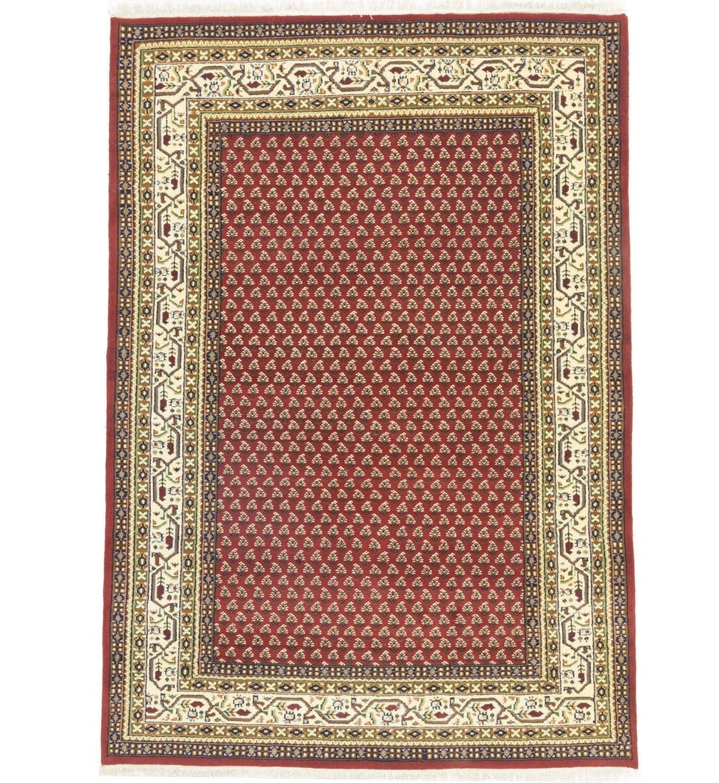 Wool Area Rug Hand-Knotted Floral Red Indo-Botemir 5'6 x 7'11 Modern Accent: Wool Area Rug Hand-Knotted Floral Red Indo-Botemir 5'6 x 7'11 Modern Accent This handmade Indo-Botemir area rug features a vibrant floral pattern in shades of red, cream, brown, rusty pink, green, and