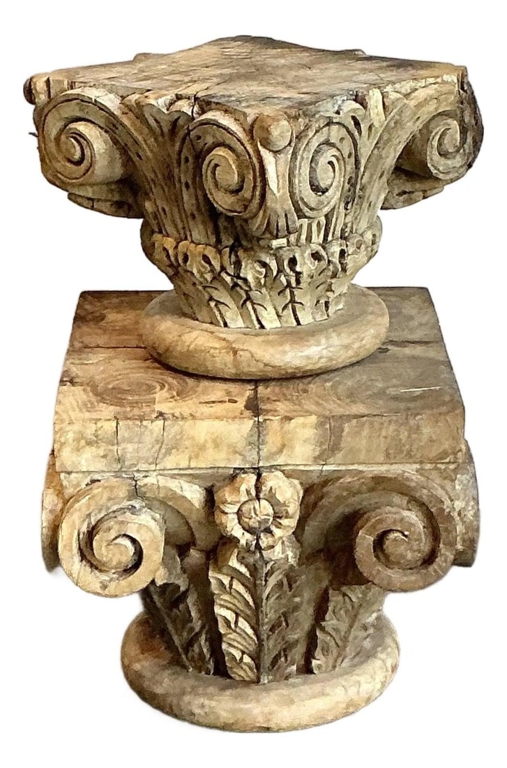 Vintage Set of 2 Boho Carved Wood Column Drink Tables: Vintage Set of 2 Boho Carved Wood Column Drink Tables Enhance your living space with this captivating set of Vintage Boho Carved Wood Column Drink Tables. This unique pair features two distinct column