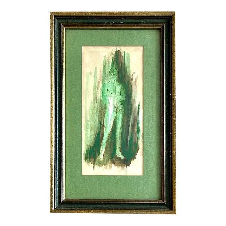 Vintage Boho Male Portrait on Paper 9x14 Army Green: Vintage Boho Male Portrait on Paper 9x14 Army Green This vintage boho portrait captures a standing male figure, beautifully rendered in fluid washes of green and earthy tones. The figure, with arms cr