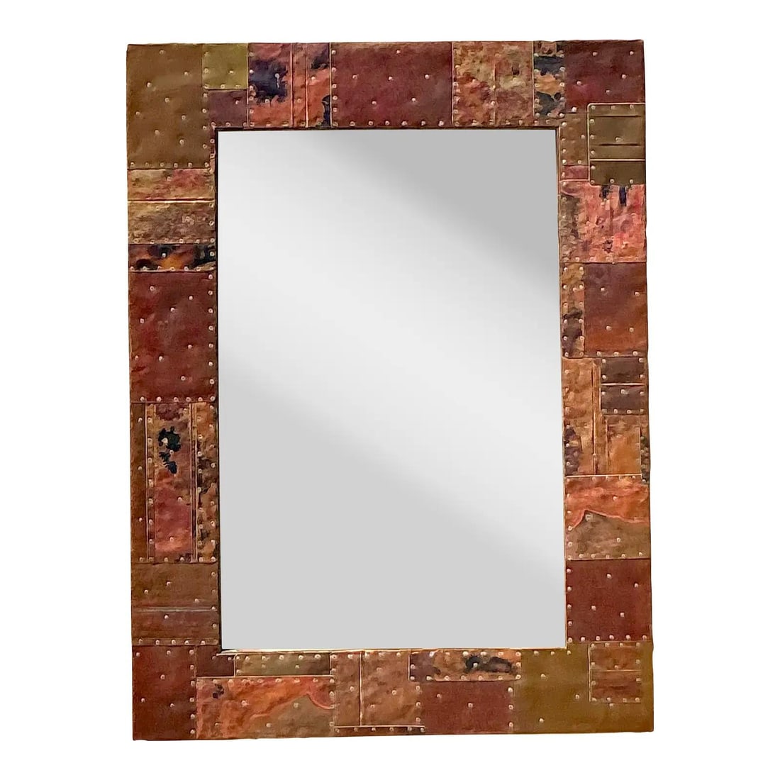 Unique Vintage Boho Patchwork Metal Mirror 35.25x47 Copper Art: Unique Vintage Boho Patchwork Metal Mirror 35.25x47 Copper Art Enhance your space with the Vintage Boho Patchwork Metal Mirror, a stunning blend of artistic expression and bohemian style. This mirror