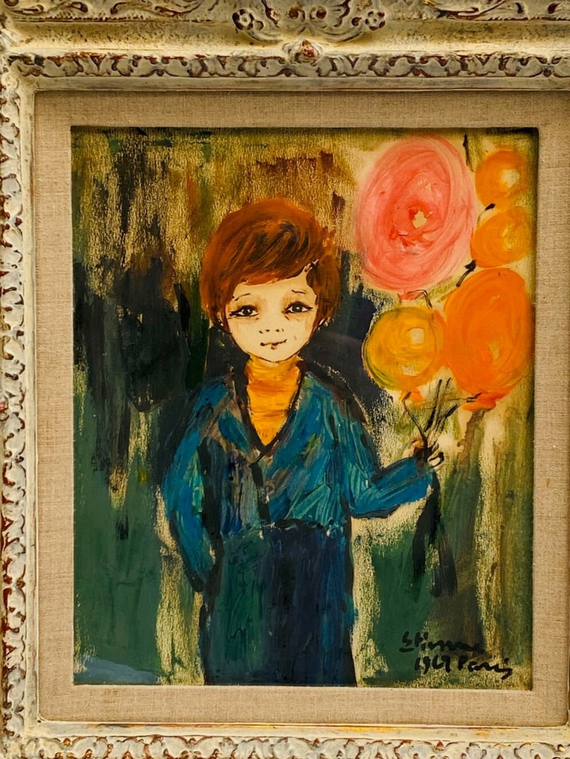 Etienne Ret 1969 Gouache Painting Untitled Boy with Balloons: Etienne Ret 1969 Gouache Painting Untitled Boy with Balloons Discover a stunning original gouache on paper painting created by the renowned French artist Etienne Ret (1900-1966) in 1969. This exquisit