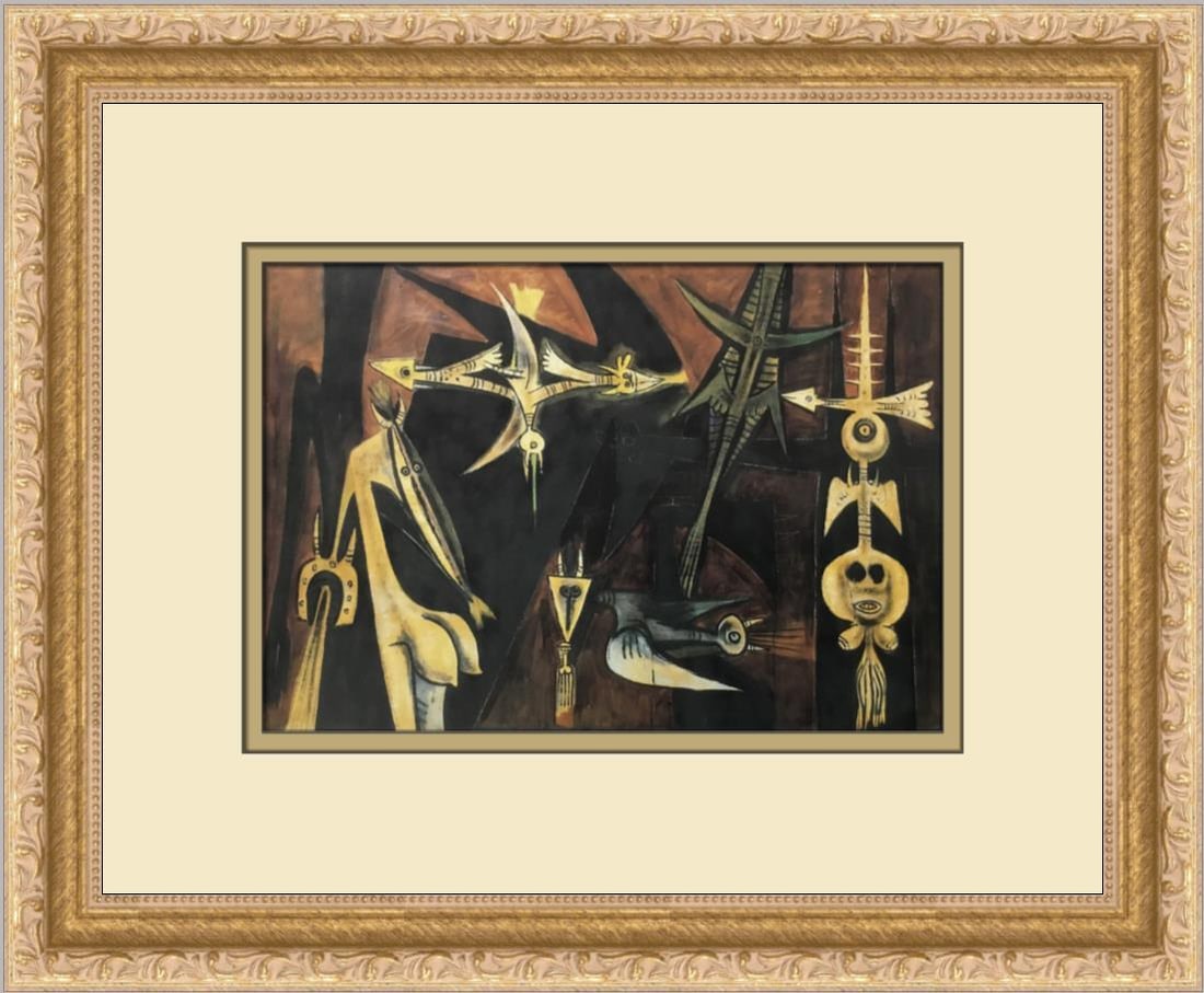 Wilfredo Lam The Reunion Custom Framed Abstract Art Print: Wilfredo Lam The Reunion Custom Framed Abstract Art Print This stunning custom framed print titled "The Reunion" by artist Wilfredo Lam showcases an abstract interpretation of figures in a captivating