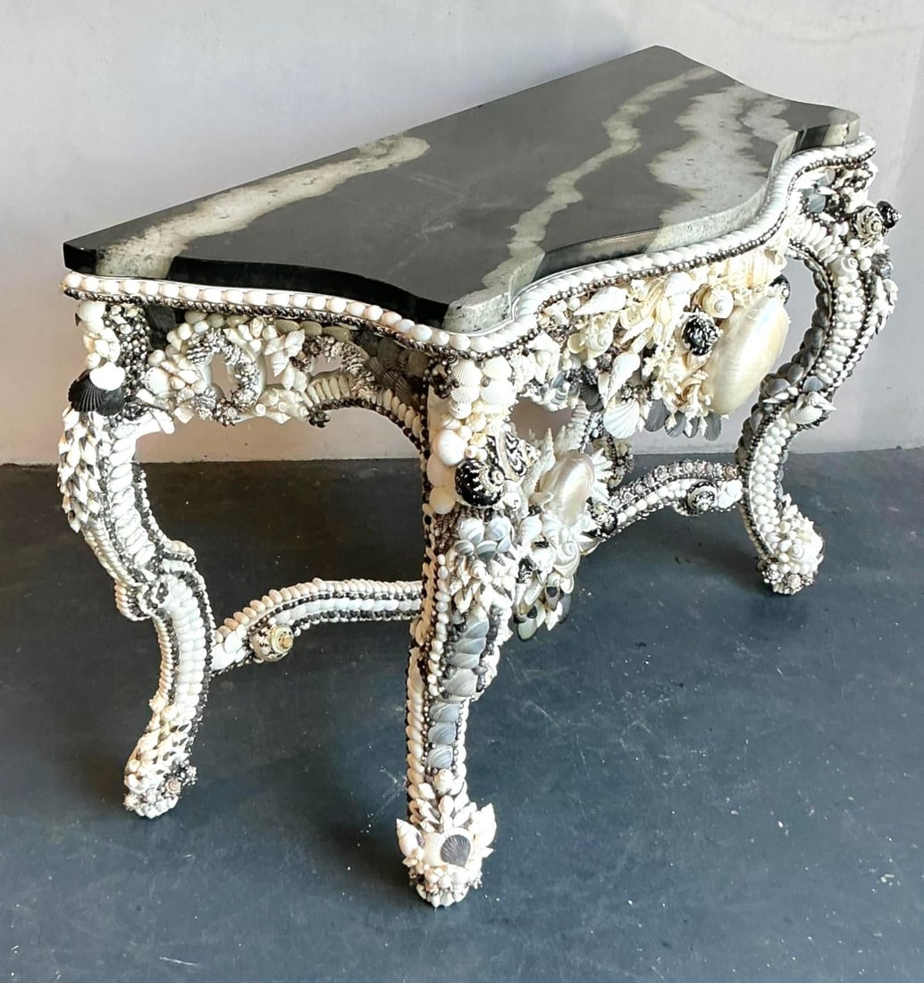 Shell Encrusted Console Table with Marble Top in Coastal Rococo Style - 4