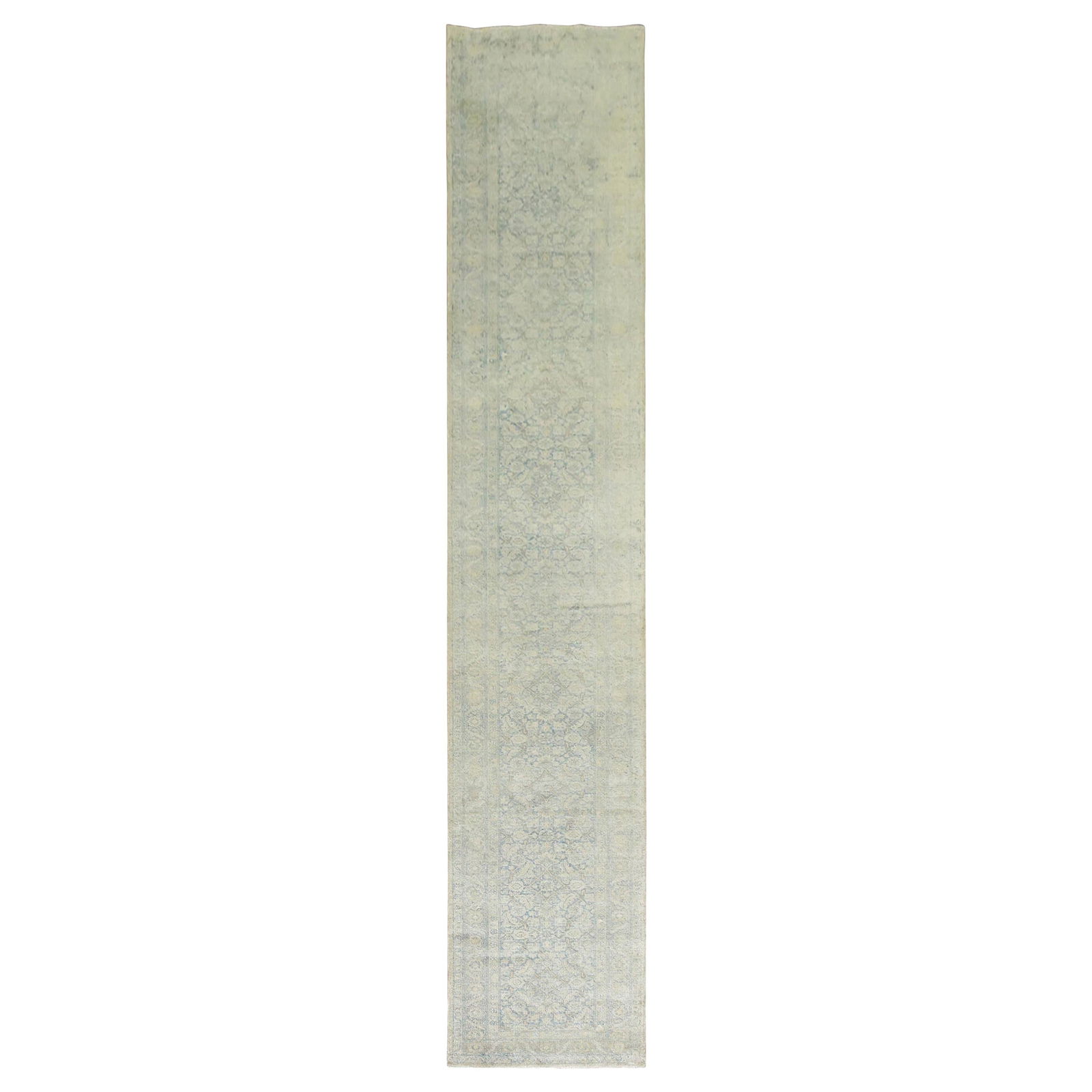 Zabihi Collection 28 x 165 in Pale Blue Gold Persian Tabriz Runner: Zabihi Collection 28 x 165 in Pale Blue Gold Persian Tabriz Runner Discover the exquisite beauty of this narrow Persian Tabriz runner, finely hand-woven in soft pale blues and elegant gold tones. This