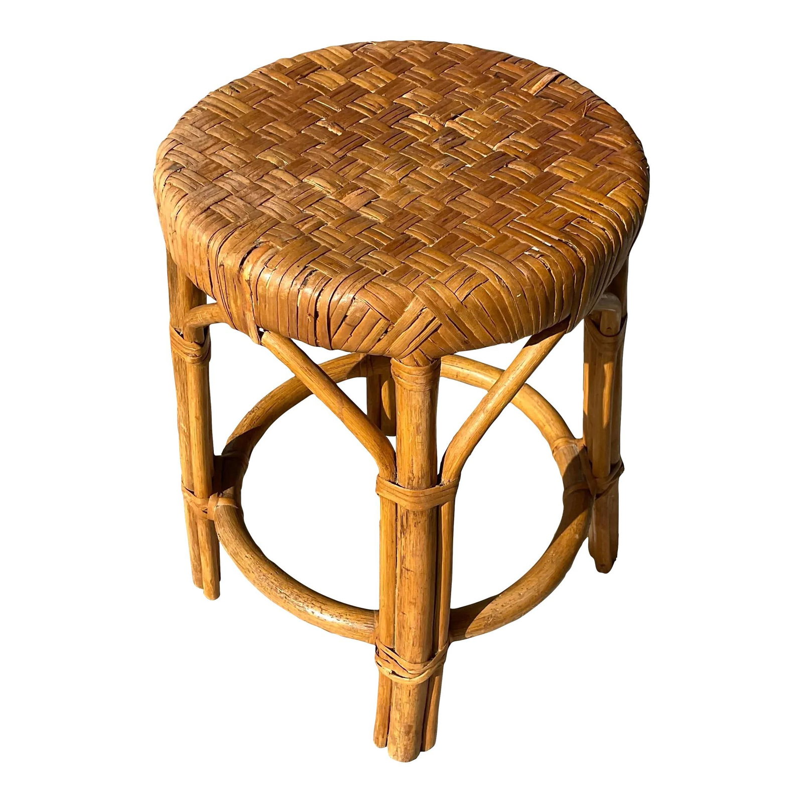 Vintage Coastal Rattan Low Stool from Palm Beach Estate: Vintage Coastal Rattan Low Stool from Palm Beach Estate Discover this fabulous vintage Coastal low stool, featuring a chic woven rattan top supported by sturdy bundles of rattan legs. This stylish pie