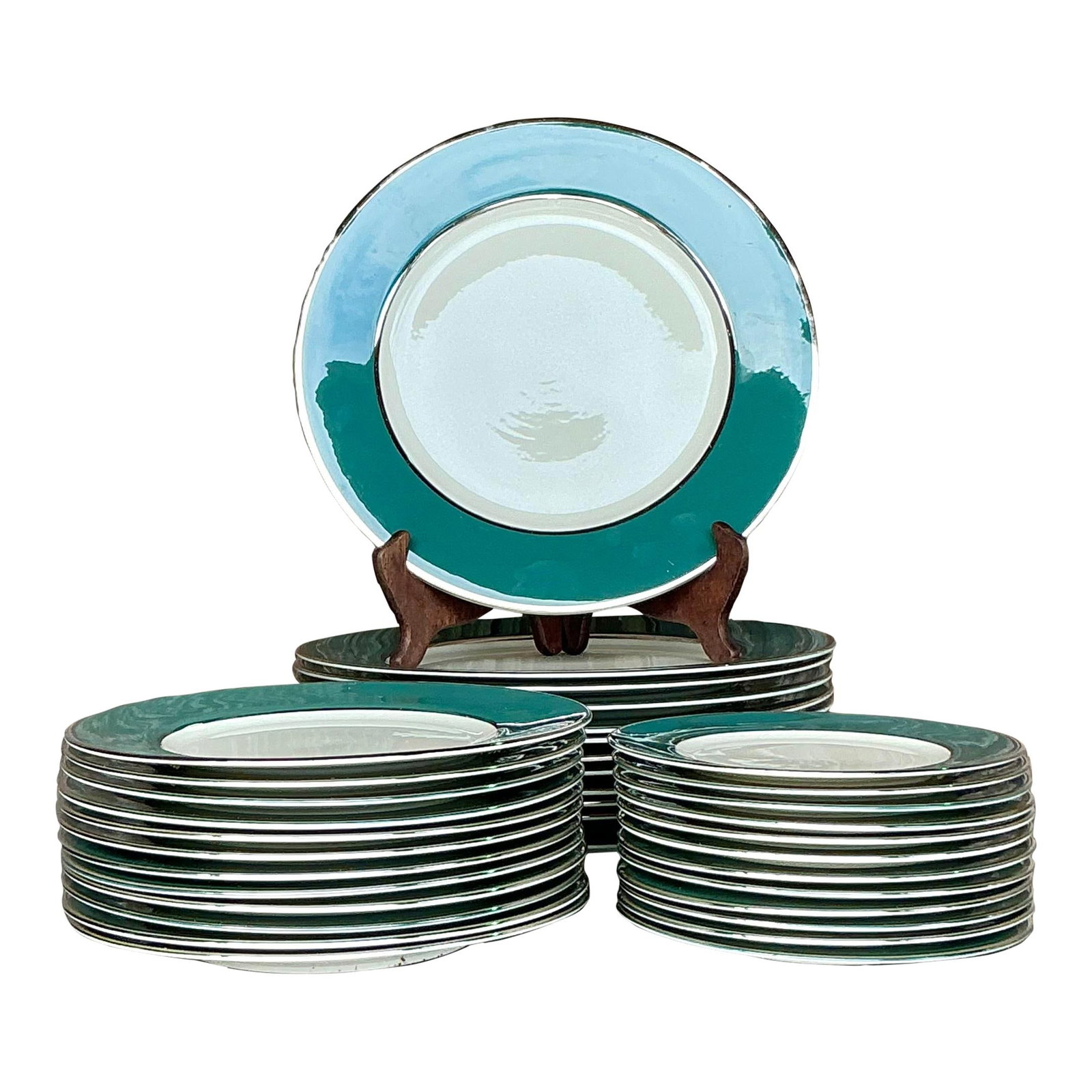 Vintage Boho Carole Stupell Jade Band China Set of 36 Plates: Vintage Boho Carole Stupell Jade Band China Set of 36 Plates Elevate your dining experience with this chic set of 36 Vintage Boho Carole Stupell jade band china. This exquisite collection features ear
