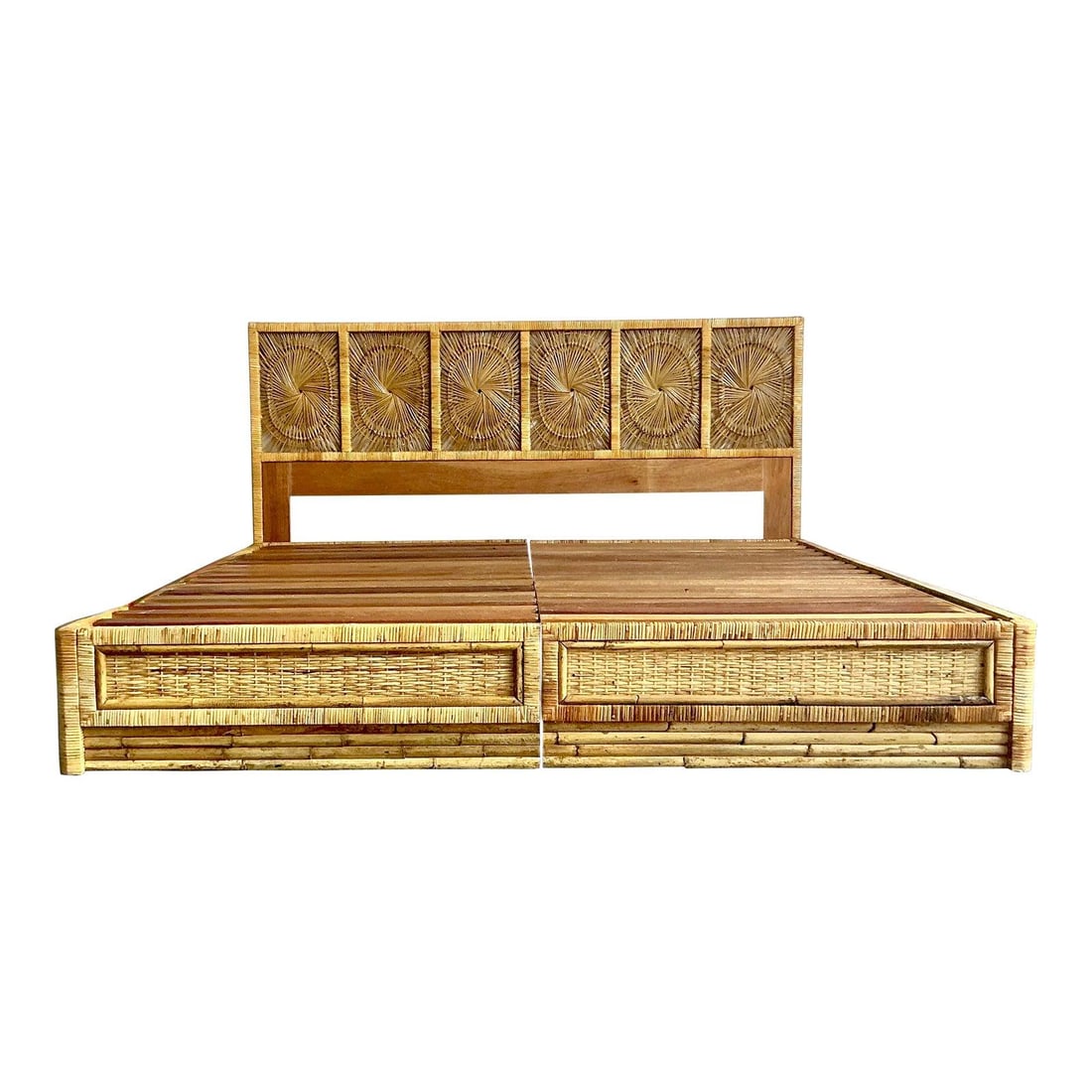 King Size Rattan Platform Bed with Vintage Sunburst Headboard Coastal Style (1 of 8)