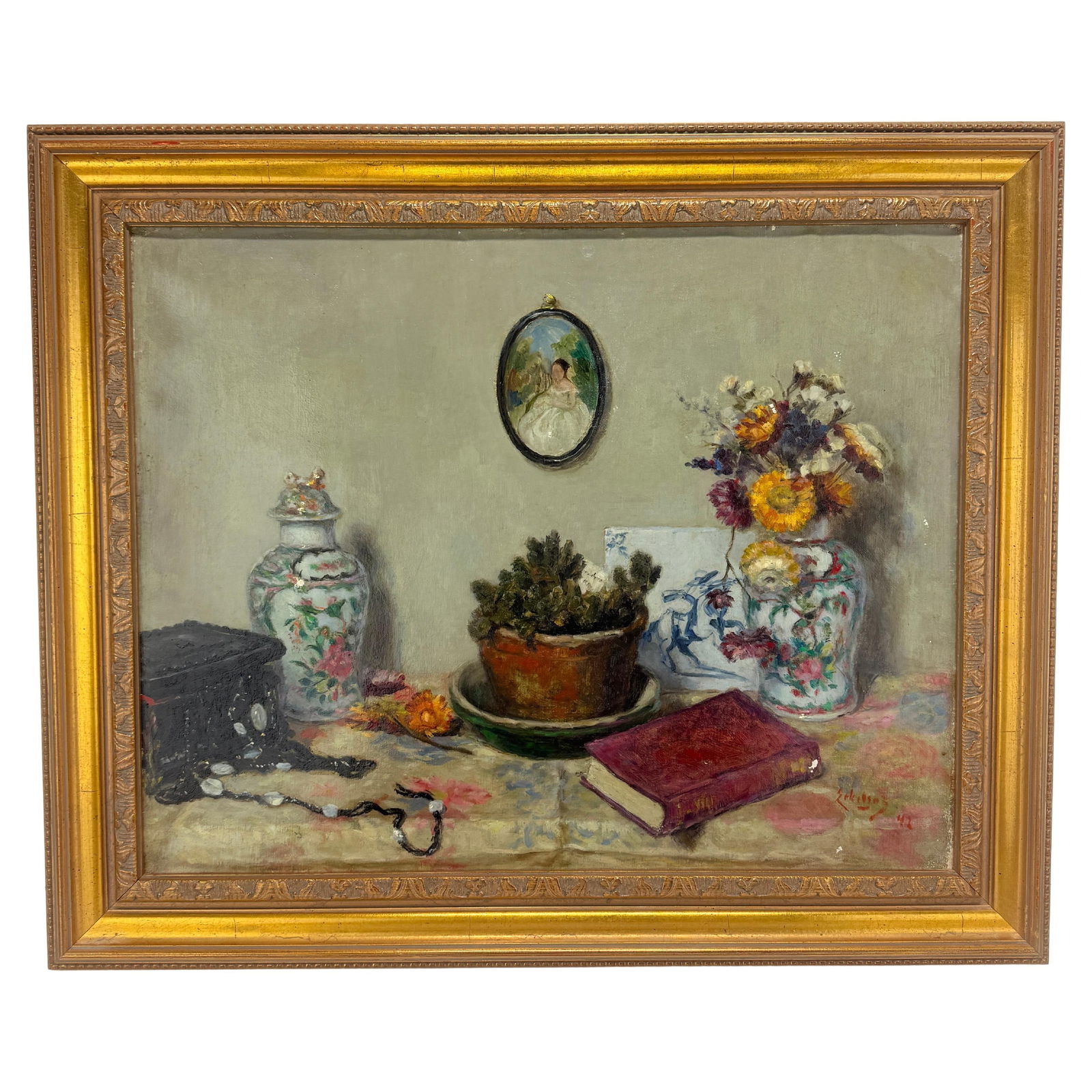 Mid-Century Modern Still Life Painting 1942 with Porcelain Vases and Miniature Portrait: Mid-Century Modern Still Life Painting 1942 with Porcelain Vases and Miniature Portrait This exquisite mid-20th century still life oil painting on canvas, crafted in 1942, features a captivating arran