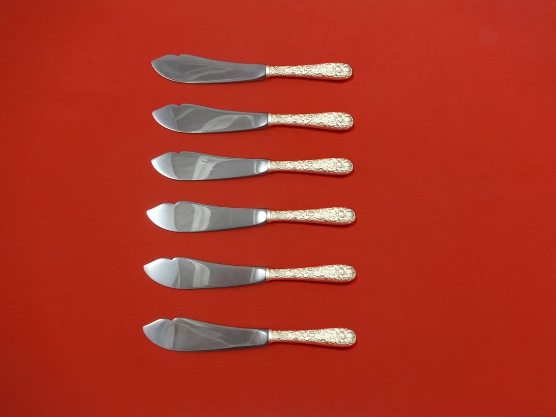 Kirk Repousse Sterling Silver 6pc Trout Knife Set Custom Made 7.5": Kirk Repousse Sterling Silver 6pc Trout Knife Set Custom Made 7.5" This exquisite 6-piece trout knife set is crafted from sterling silver in the elegant Repousse pattern by Kirk. Each knife features a