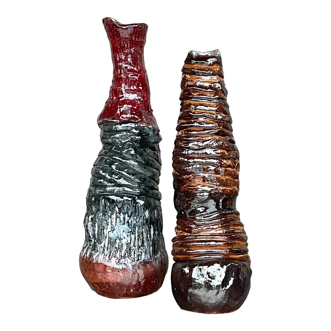 Pair of Vintage Signed Boho Studio Pottery Vases: Pair of Vintage Signed Boho Studio Pottery Vases This exquisite pair of vintage Boho studio pottery vases showcases the beauty of handmade artistry with their warm coffee tones. Each vase is signed by