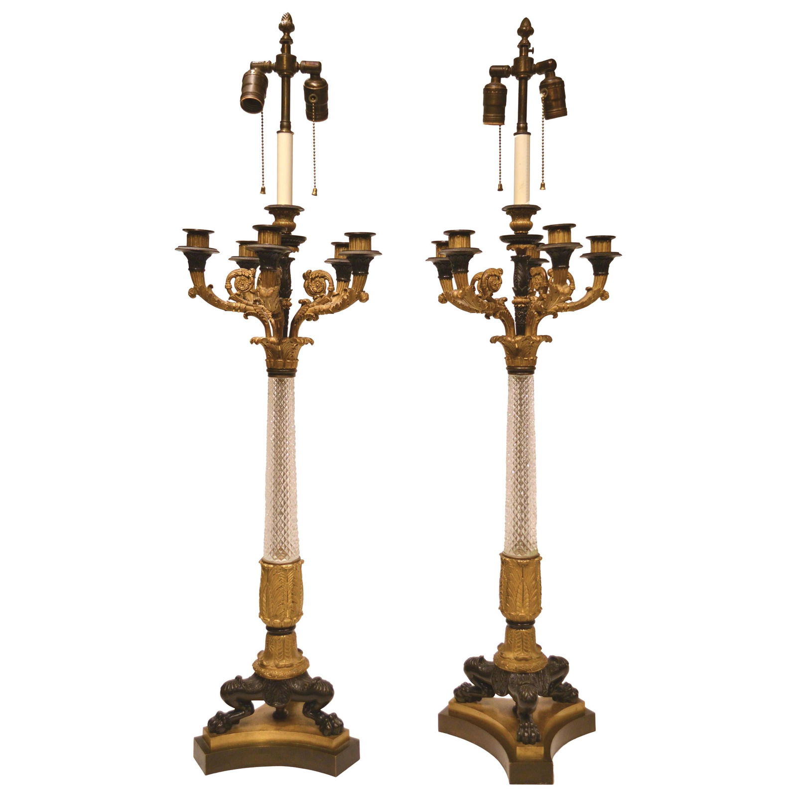 Set of 2 French Empire Gilt Bronze and Cut Glass Candelabra Lamps (1 of 12)