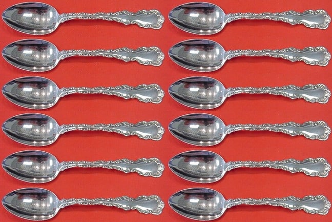 Whiting Louis XV Sterling Silver Teaspoon Set 12 Pieces 5 3/4": Whiting Louis XV Sterling Silver Teaspoon Set 12 Pieces 5 3/4" This exquisite 12-piece set of teaspoons showcases the elegant Louis XV pattern by Whiting, crafted from high-quality sterling silver. Ea