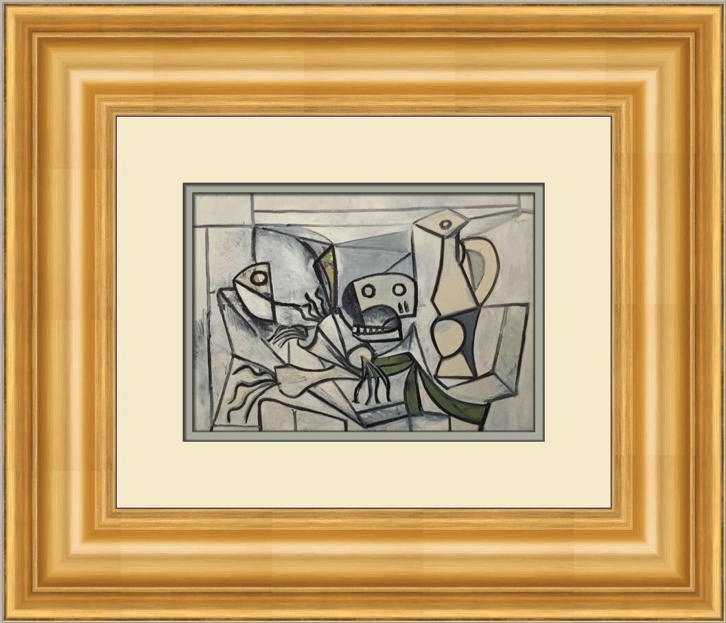 Pablo Picasso Still Life Leeks Fish-Head Skull Custom Framed Art Print: Pablo Picasso Still Life Leeks Fish-Head Skull Custom Framed Art Print This stunning custom framed print features Pablo Picasso's iconic work, "Still Life Leeks Fish-Head Skull Pitcher," embodying the
