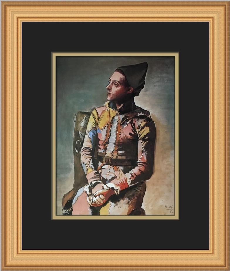 Pablo Picasso Portrait of a Seated Harlequin Custom Framed Art Print: Pablo Picasso Portrait of a Seated Harlequin Custom Framed Art Print This stunning custom framed print titled "Portrait of a Seated Harlequin" by Pablo Picasso is a captivating piece of art that showc