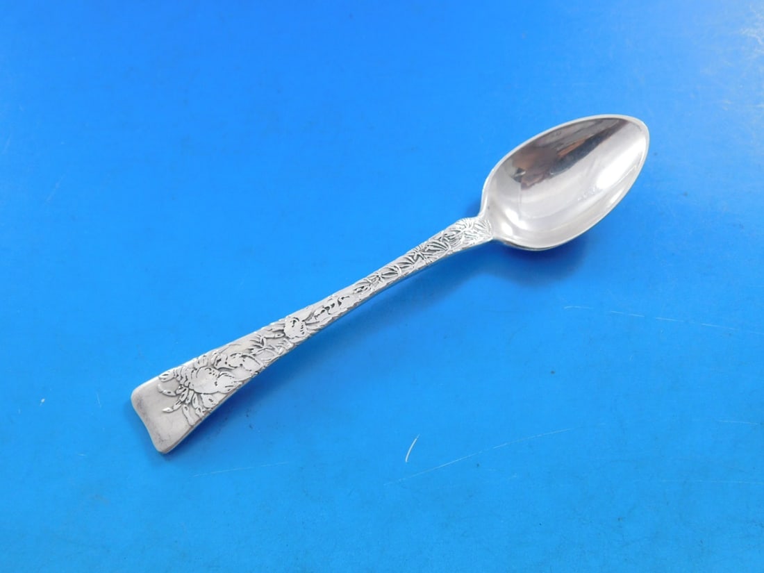Tiffany Sterling Silver Demitasse Spoon Lap Over Edge Acid Etched Lobster 4": Tiffany Sterling Silver Demitasse Spoon Lap Over Edge Acid Etched Lobster 4" This exquisite demitasse spoon, crafted by Tiffany & Co. in the renowned Lap Over Edge Acid Etched pattern, showcases a stu