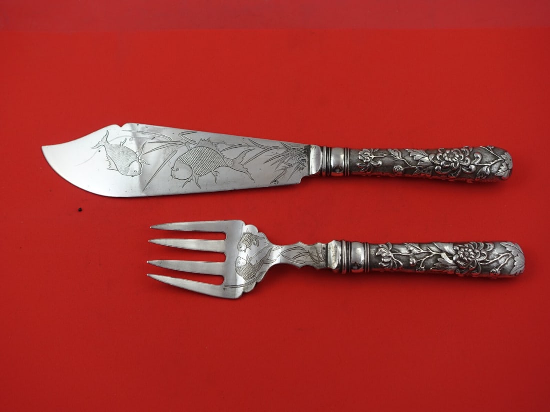 Chinese Export Sing Fat Sterling Silver Fish Serving Set 2-Piece Engraved 1880 (1 of 3)